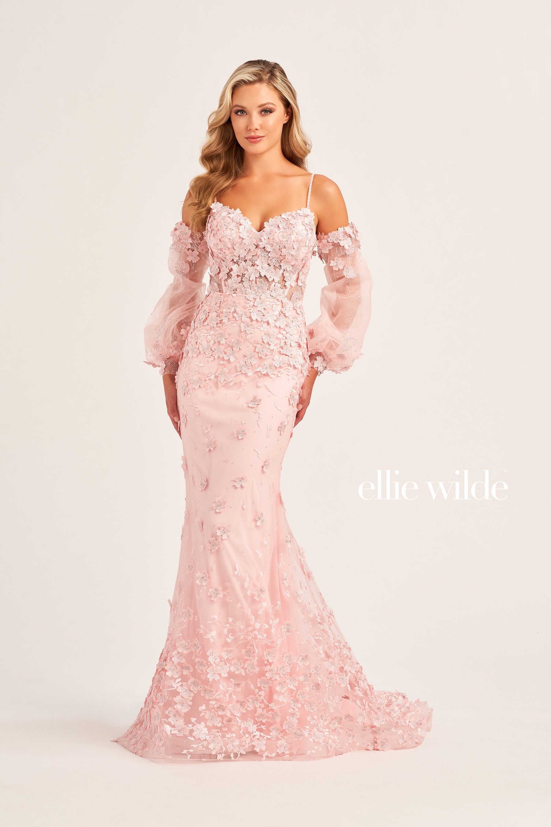 3D Flower Glitter Tulle Gown With Sleeves