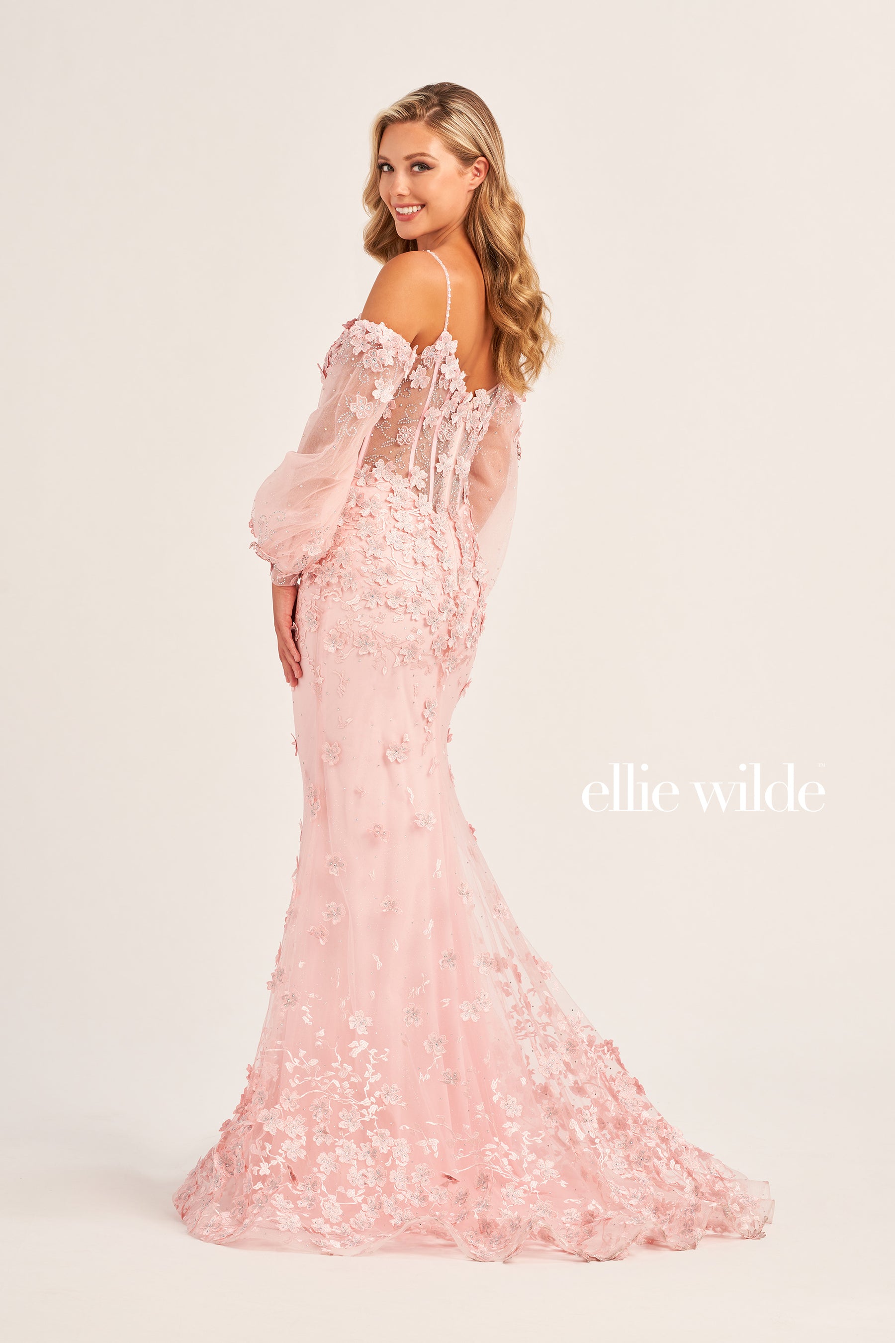 3D Flower Glitter Tulle Gown With Sleeves