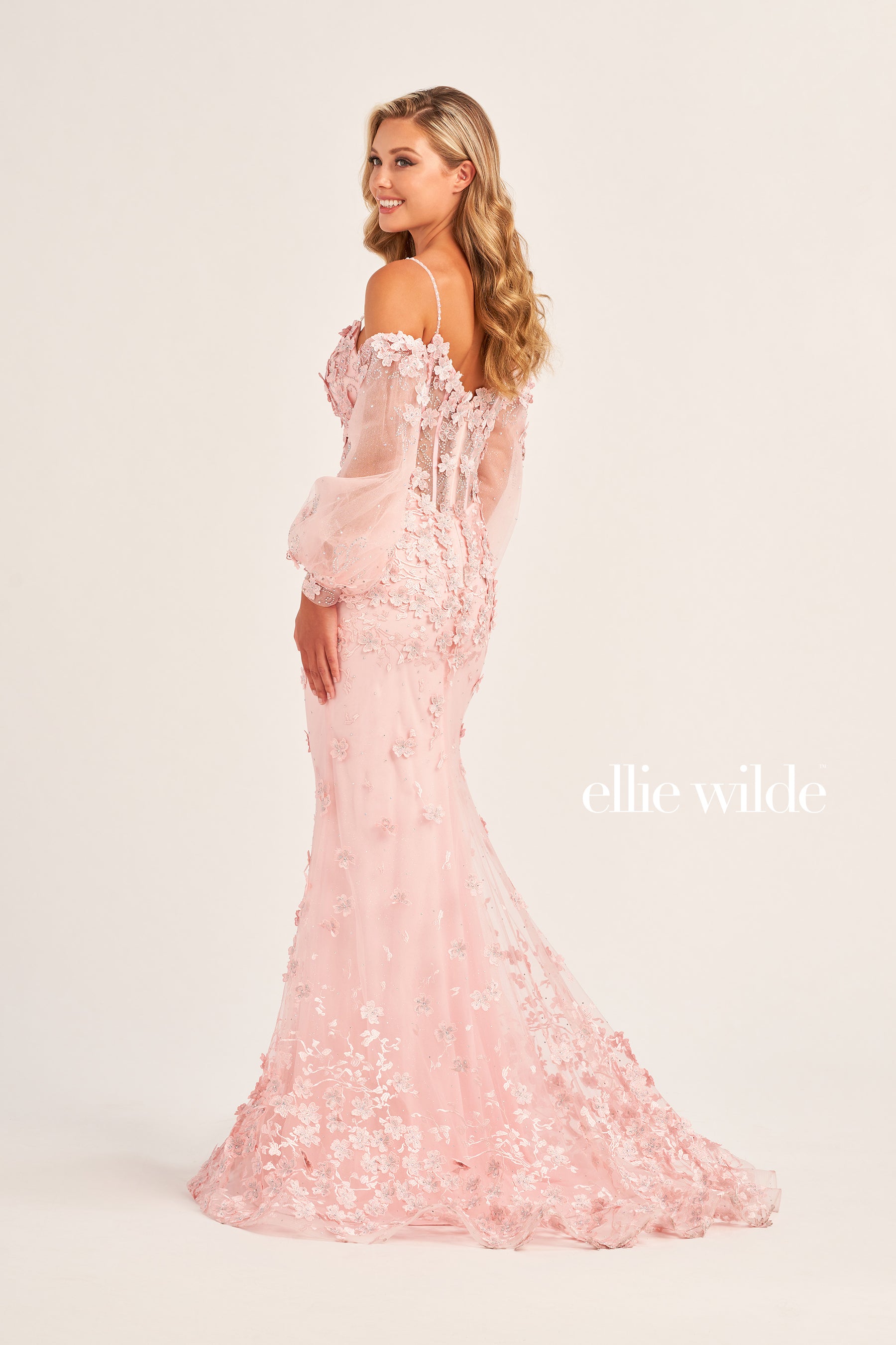 3D Flower Glitter Tulle Gown With Sleeves