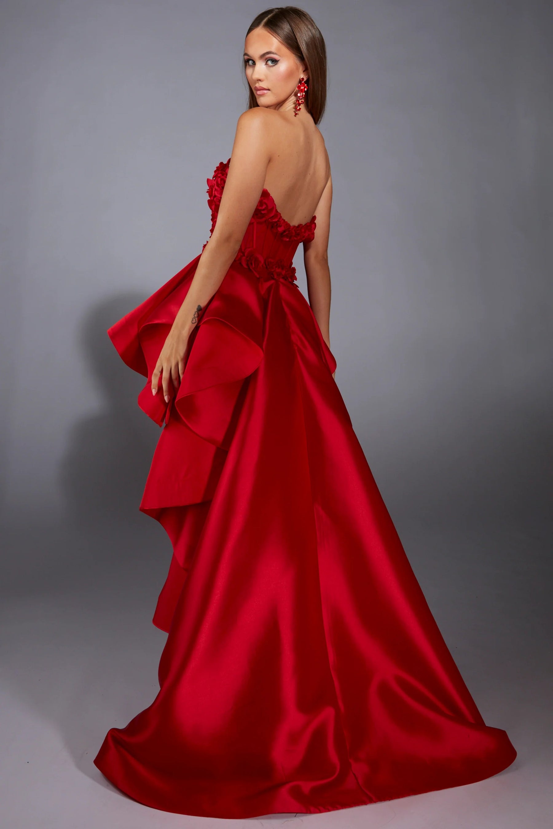 3D Rosettes High Low Mikado Gown