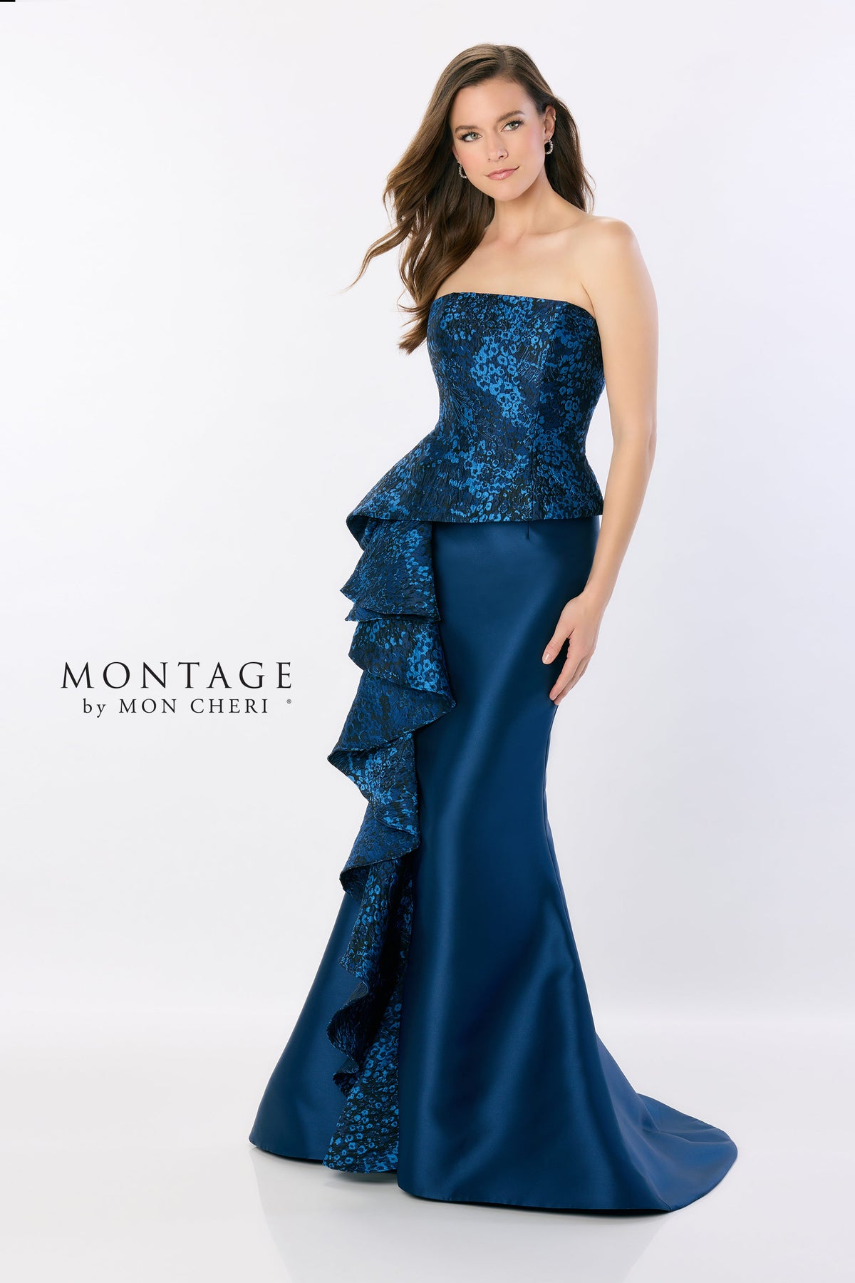 Abstract Brocade Cascading Ruffle Gown