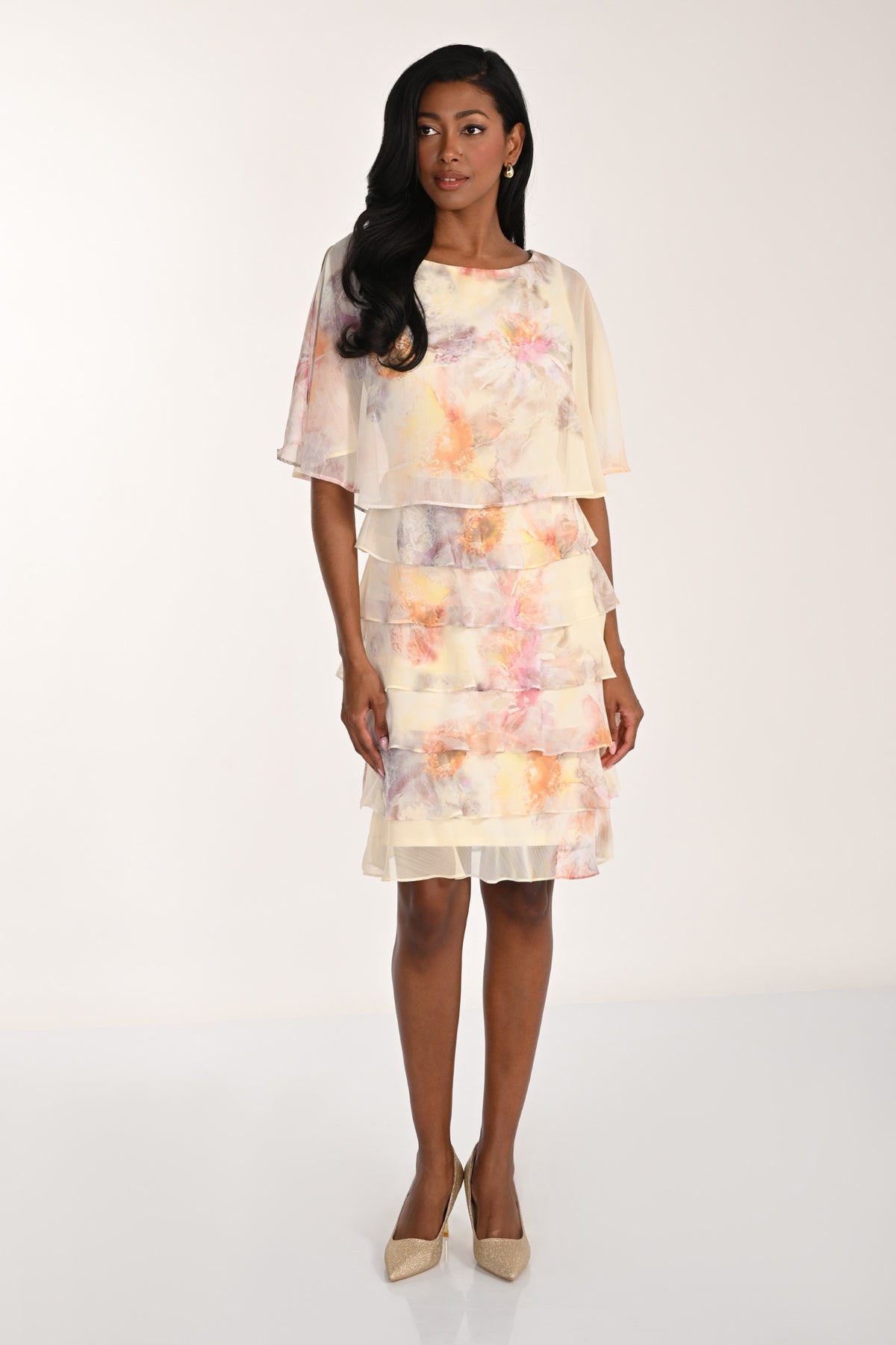 Abstract Floral Print Tiered Capelet Dress