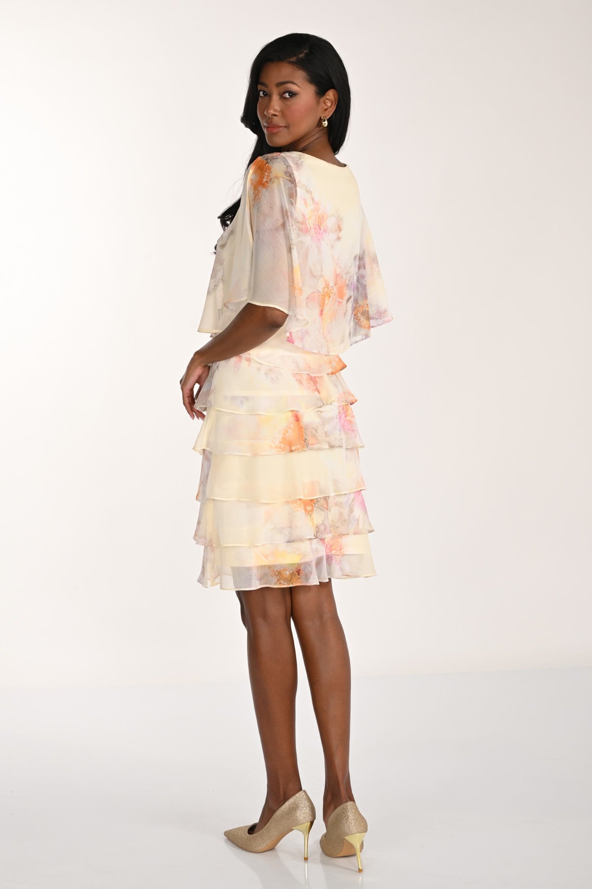 Abstract Floral Print Tiered Capelet Dress