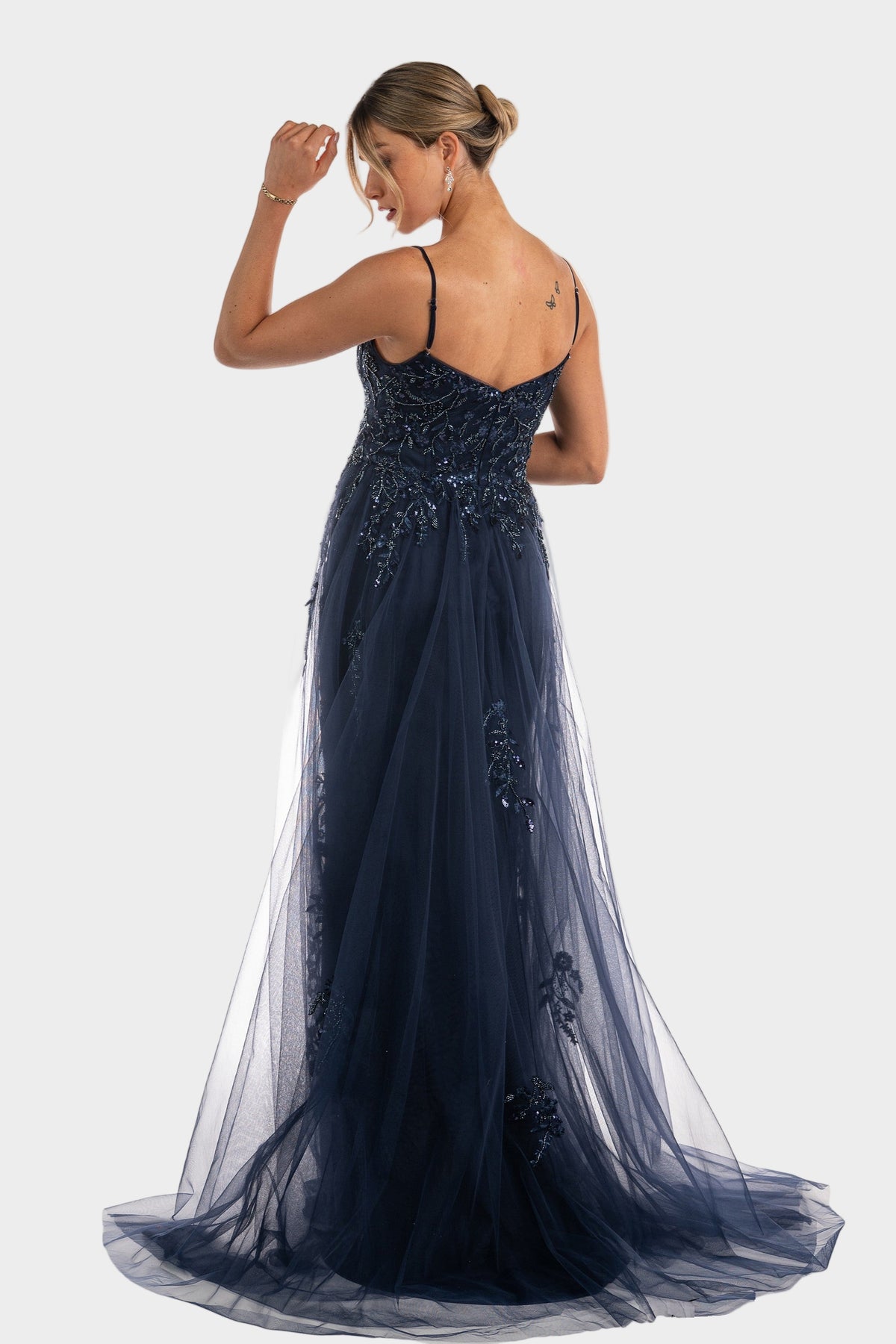 Bead Embellished Gown with Tulle Skirt Overlay