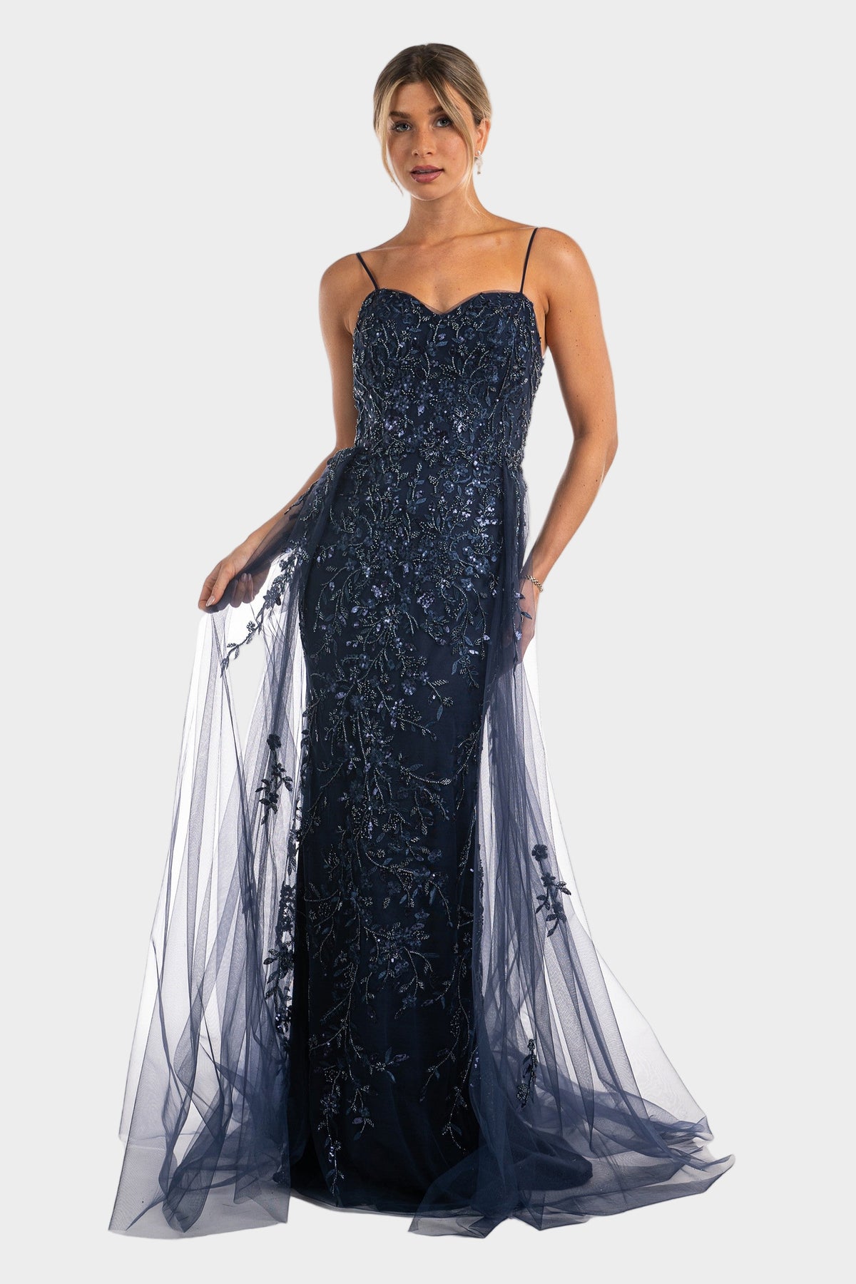 Bead Embellished Gown with Tulle Skirt Overlay