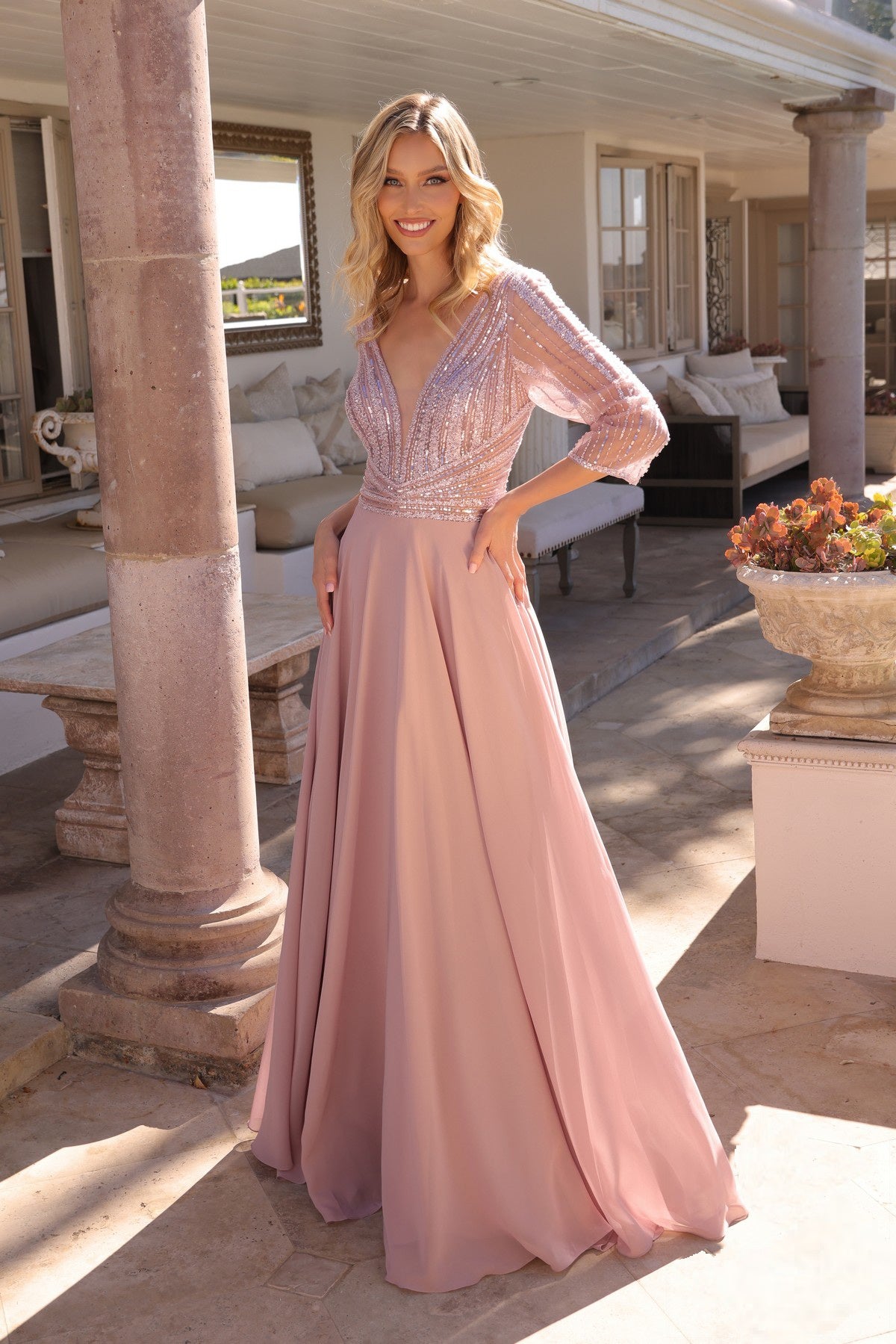 Bead and Sequin Embellished V-Neck Gown with Sleeves