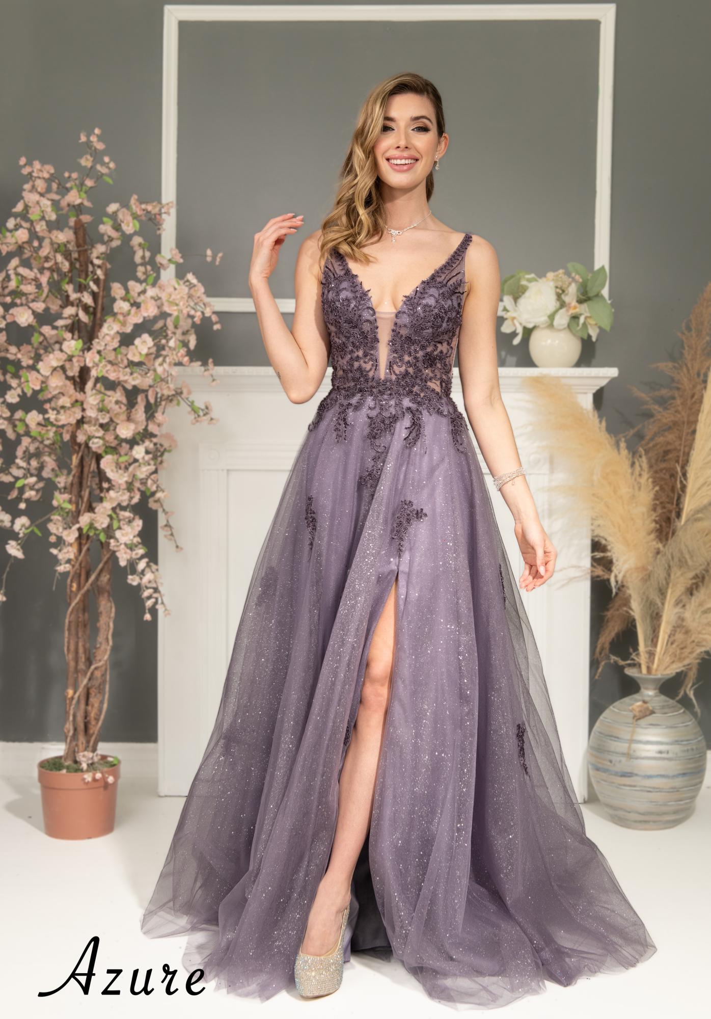 Beaded Applique Shimmer Tulle V-Neck Gown