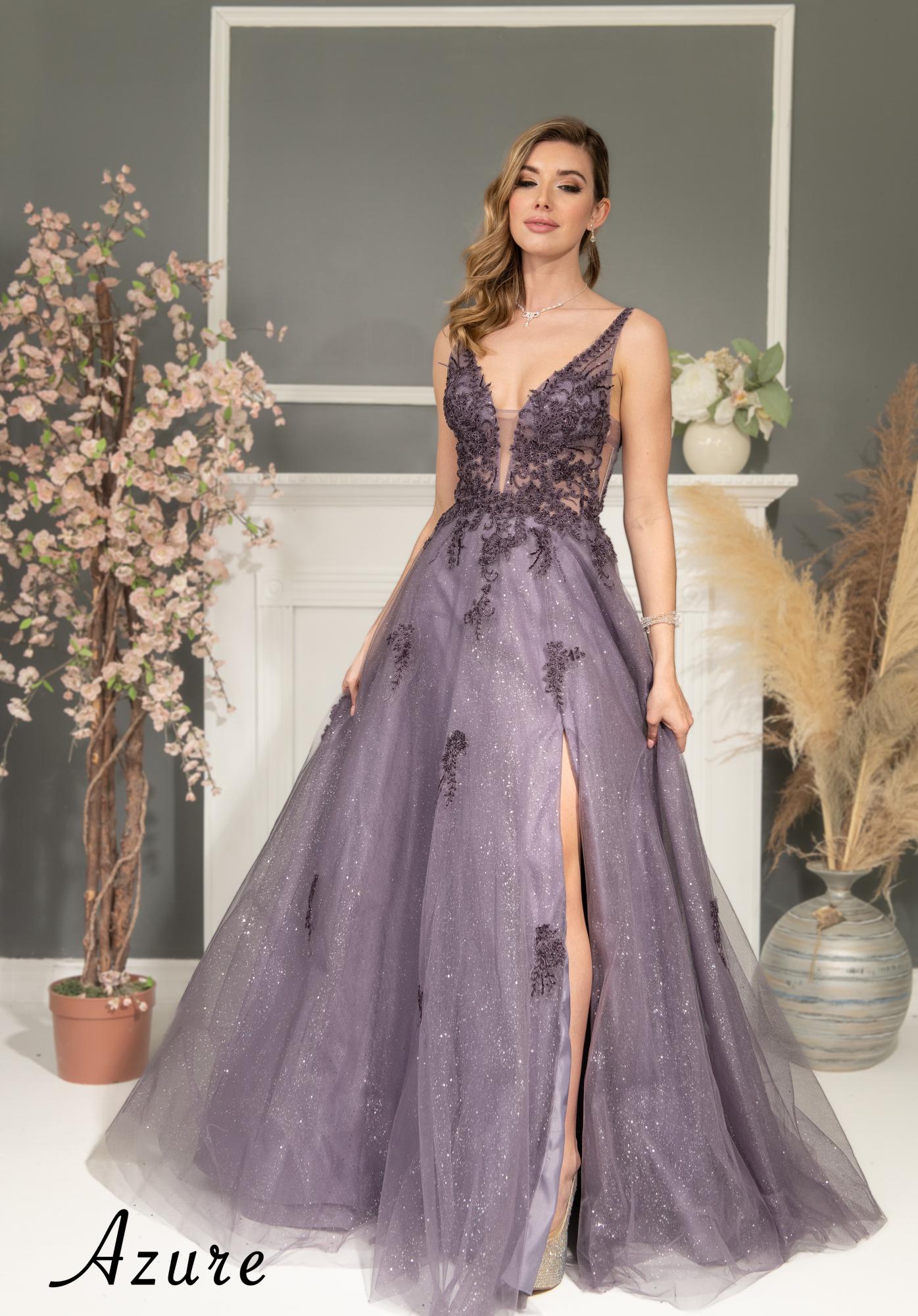 Beaded Applique Shimmer Tulle V-Neck Gown
