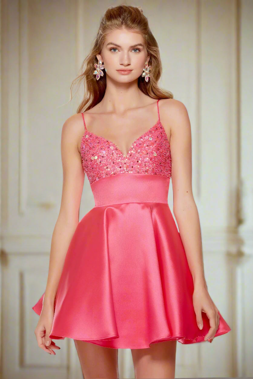 Beaded Bodice Mikado Short Dress