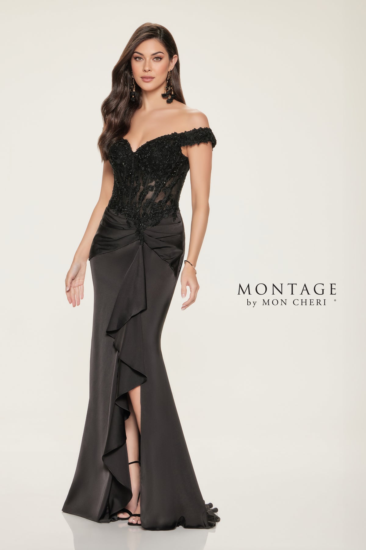 Beaded Bodice Off Shoulder Gown with Cascading Ruffle