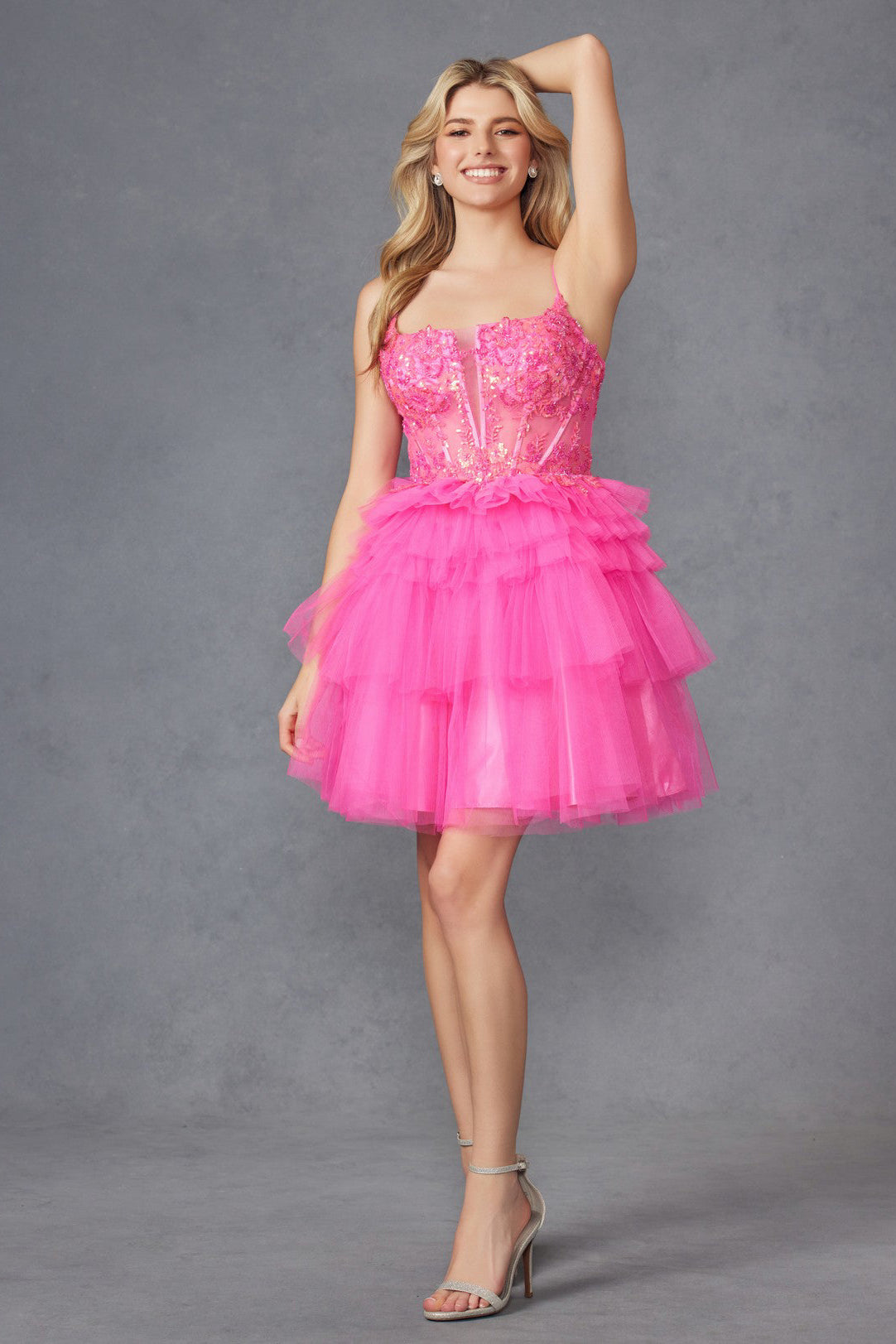 Beaded Corset Bodice with Ruffled Tulle Short Dress