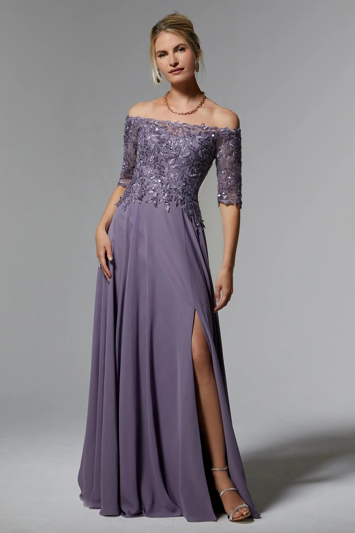 Beaded Embroidered Off Shoulder Chiffon Gown