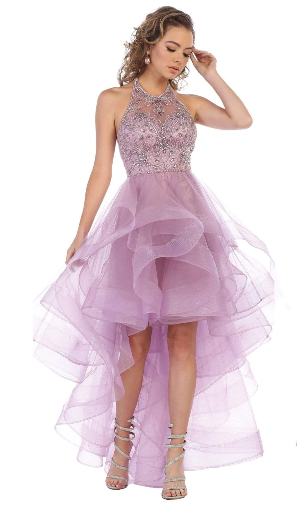 Beaded High Low Halter Dress