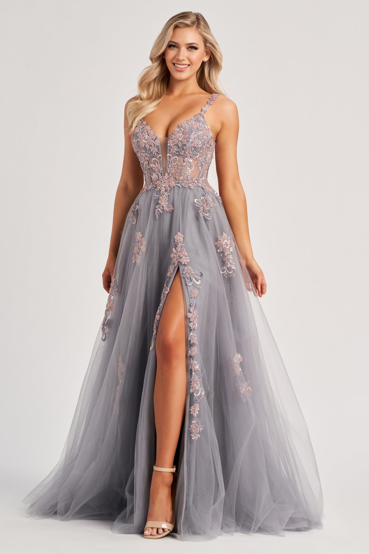 Beaded Illusion Corset Strappy Back Gown