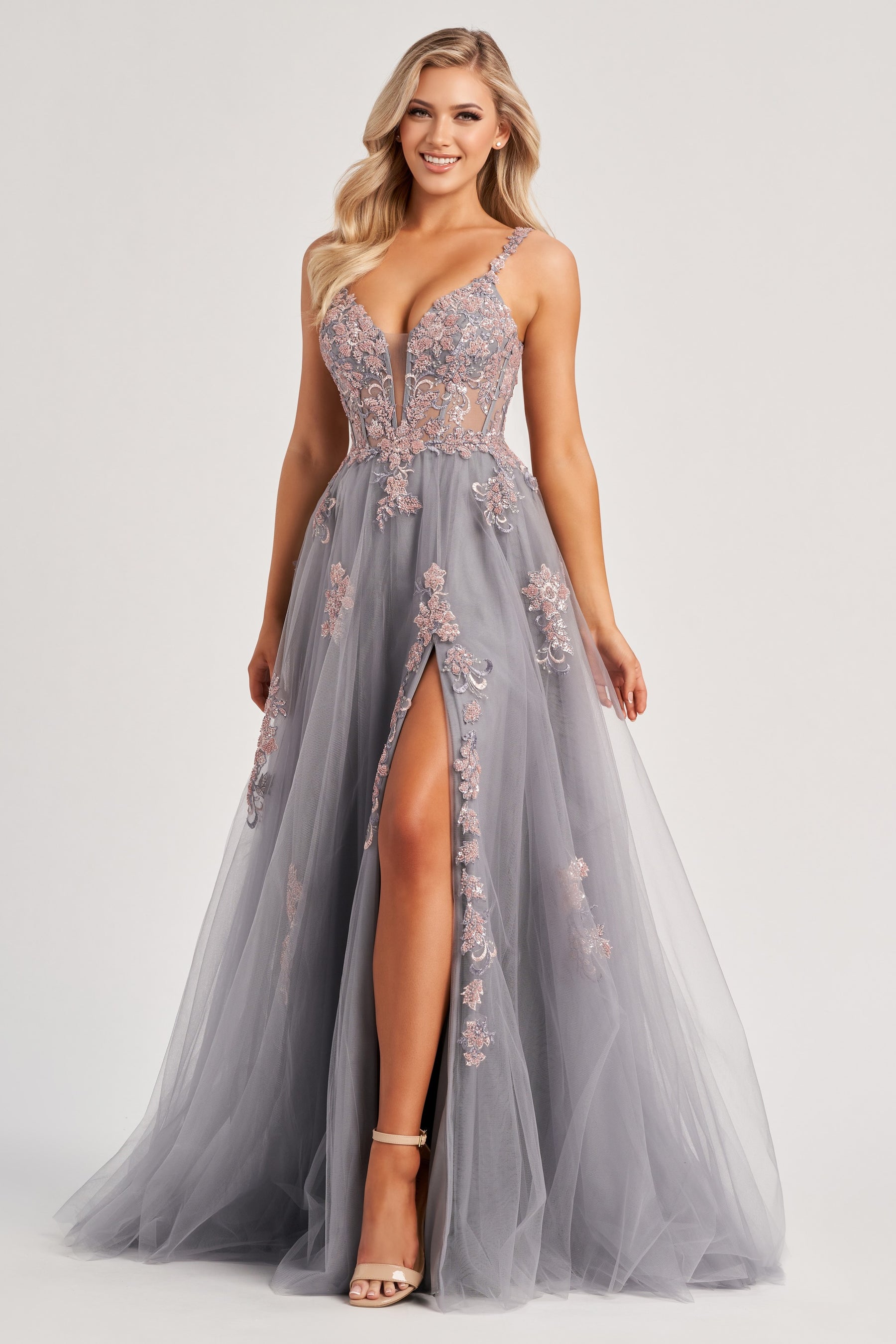 Beaded Illusion Corset Strappy Back Gown