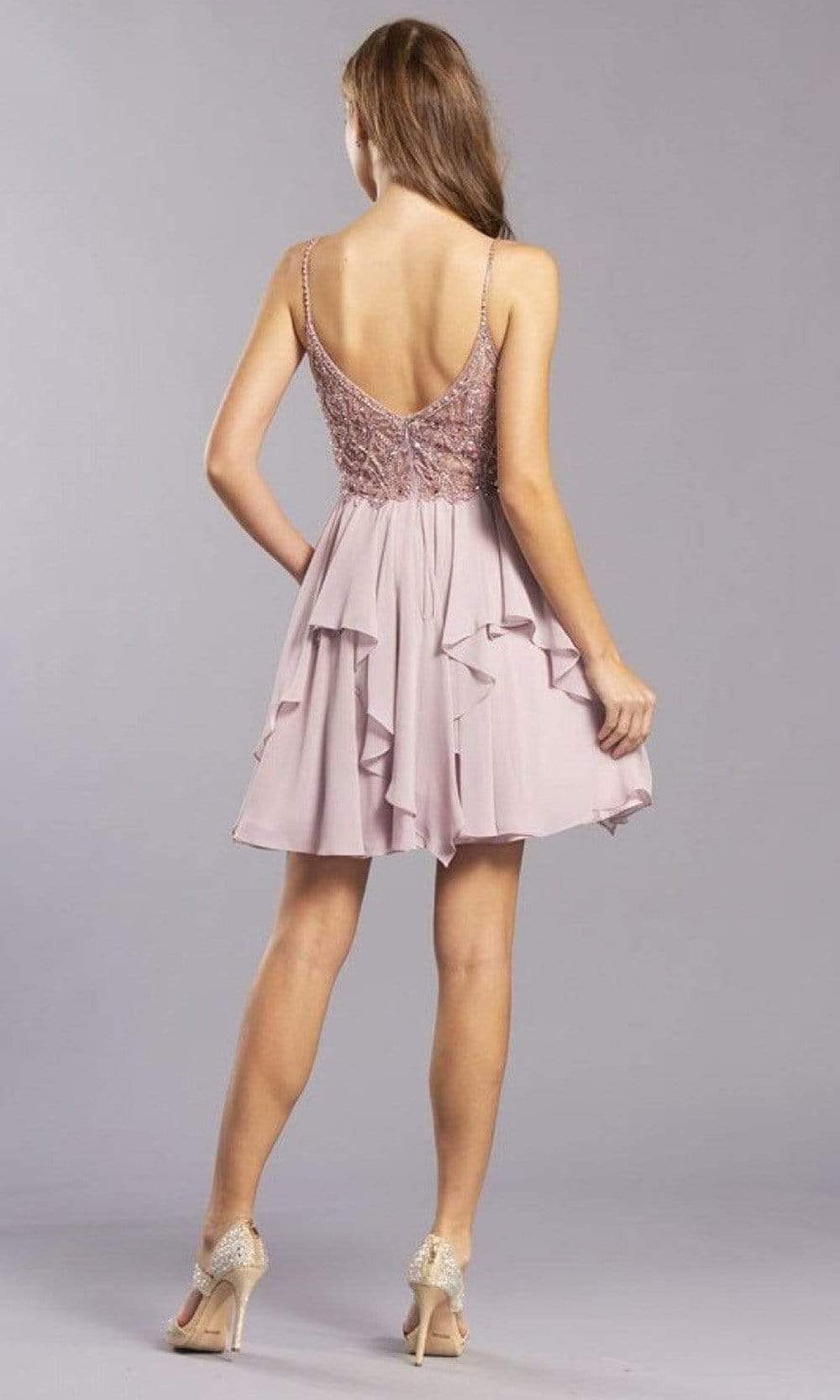 Beaded Illusion Layered Chiffon Short Dress