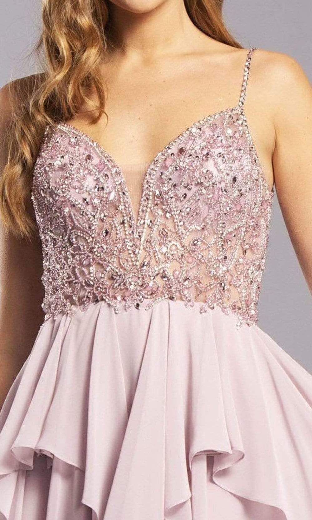 Beaded Illusion Layered Chiffon Short Dress