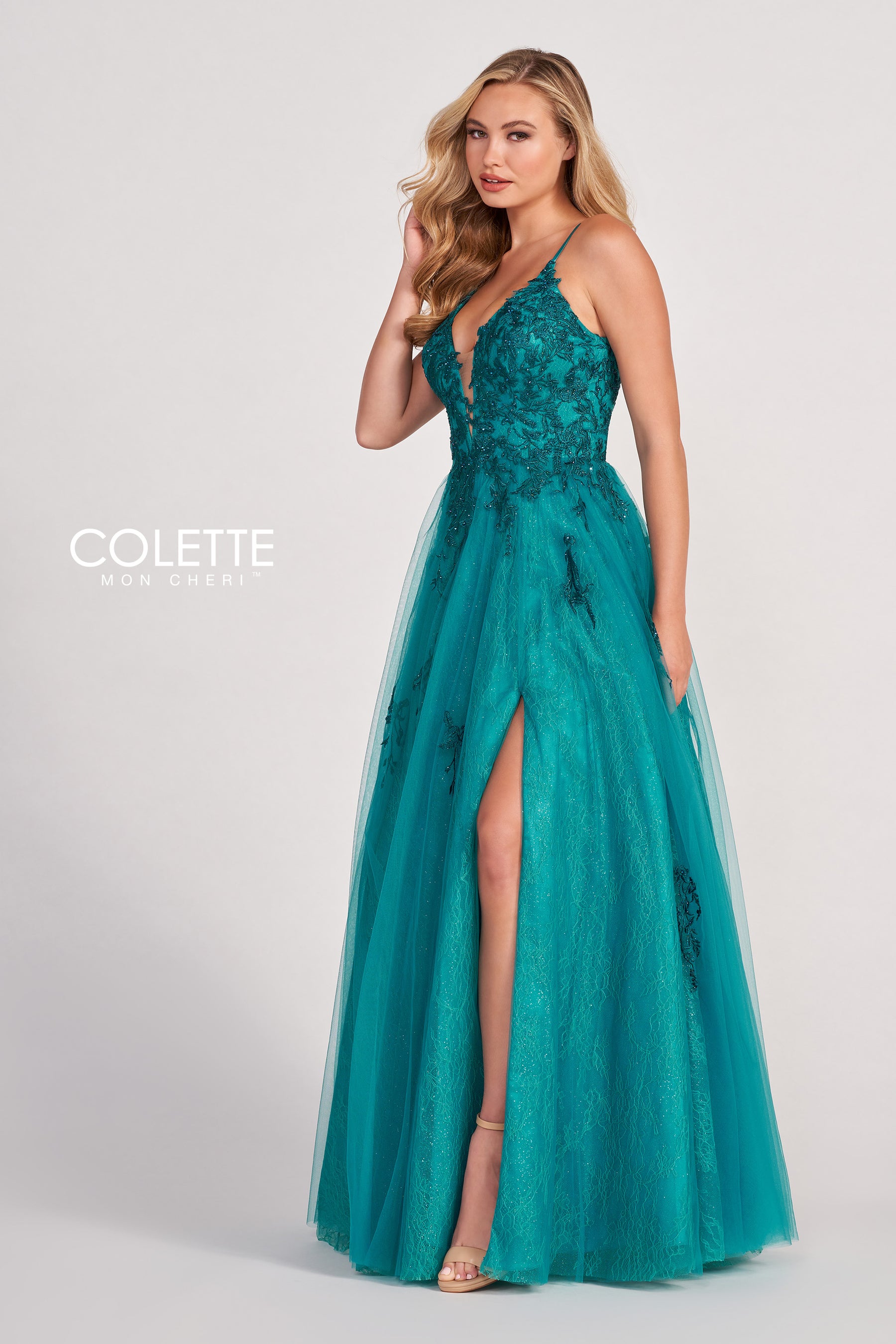 Beaded Lace Applique High Slit Gown