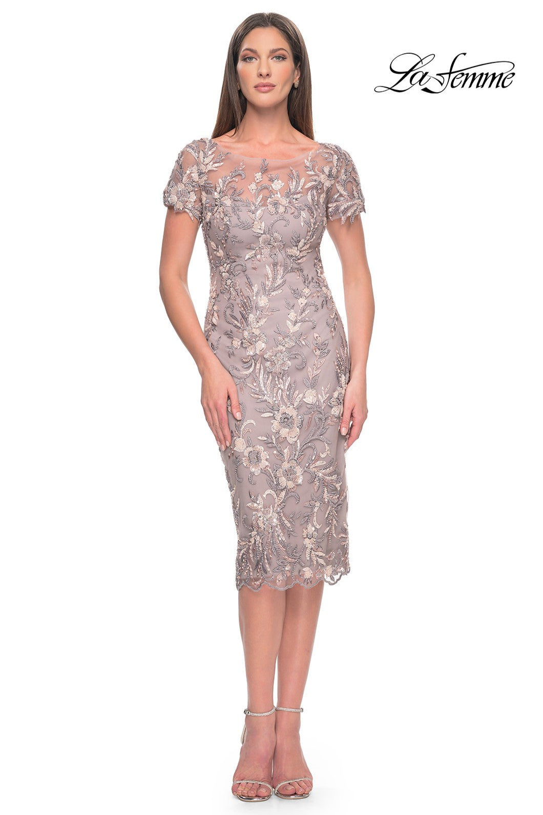 Beaded Short Sleeve Midi Dress with Illusion Neckline