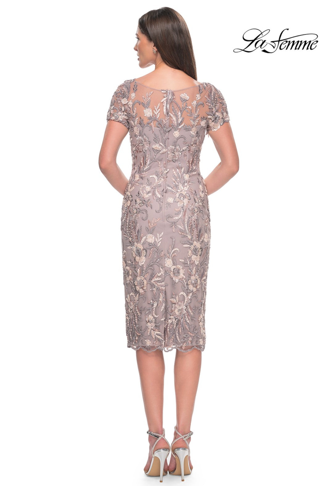 Beaded Short Sleeve Midi Dress with Illusion Neckline