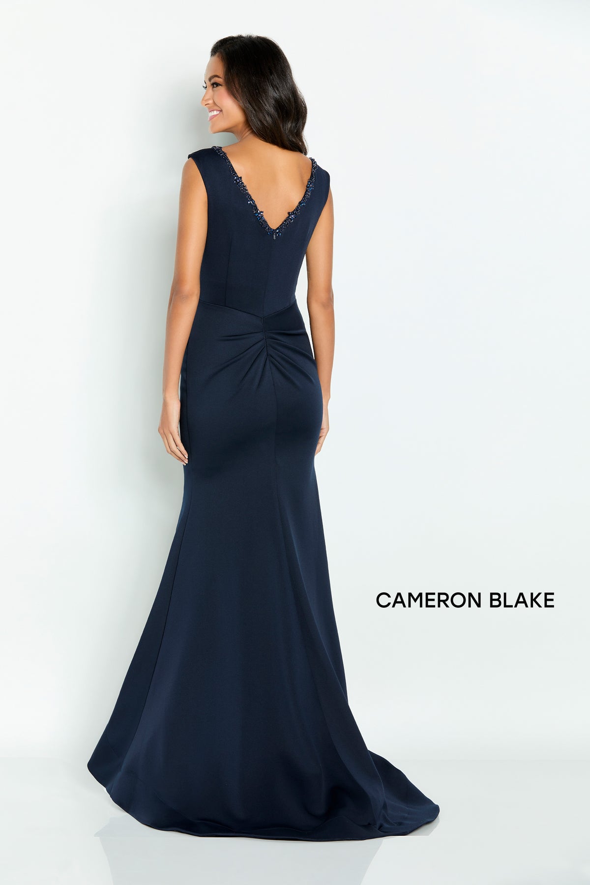 Beaded V-Neckline Side Ruched Gown