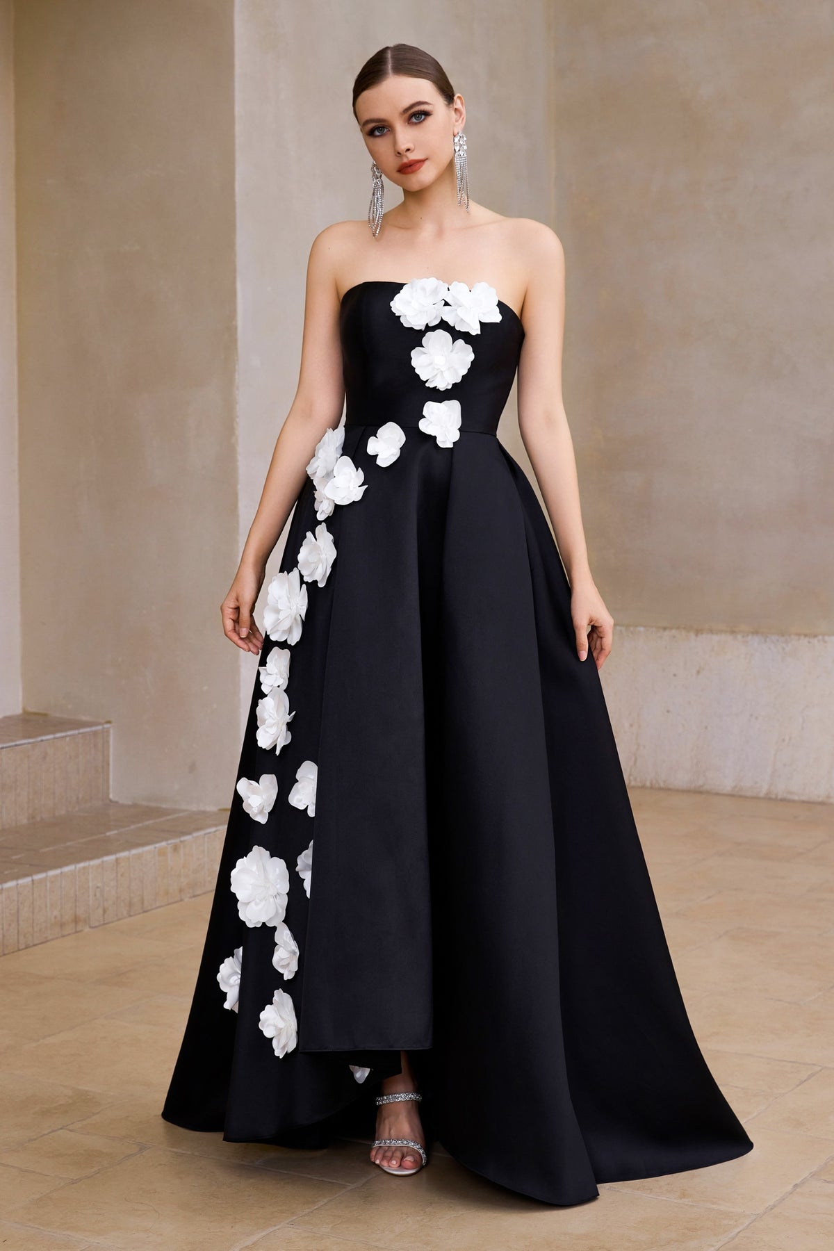 Black/Ivory Strapless 3D Floral A-Line Ball Gown