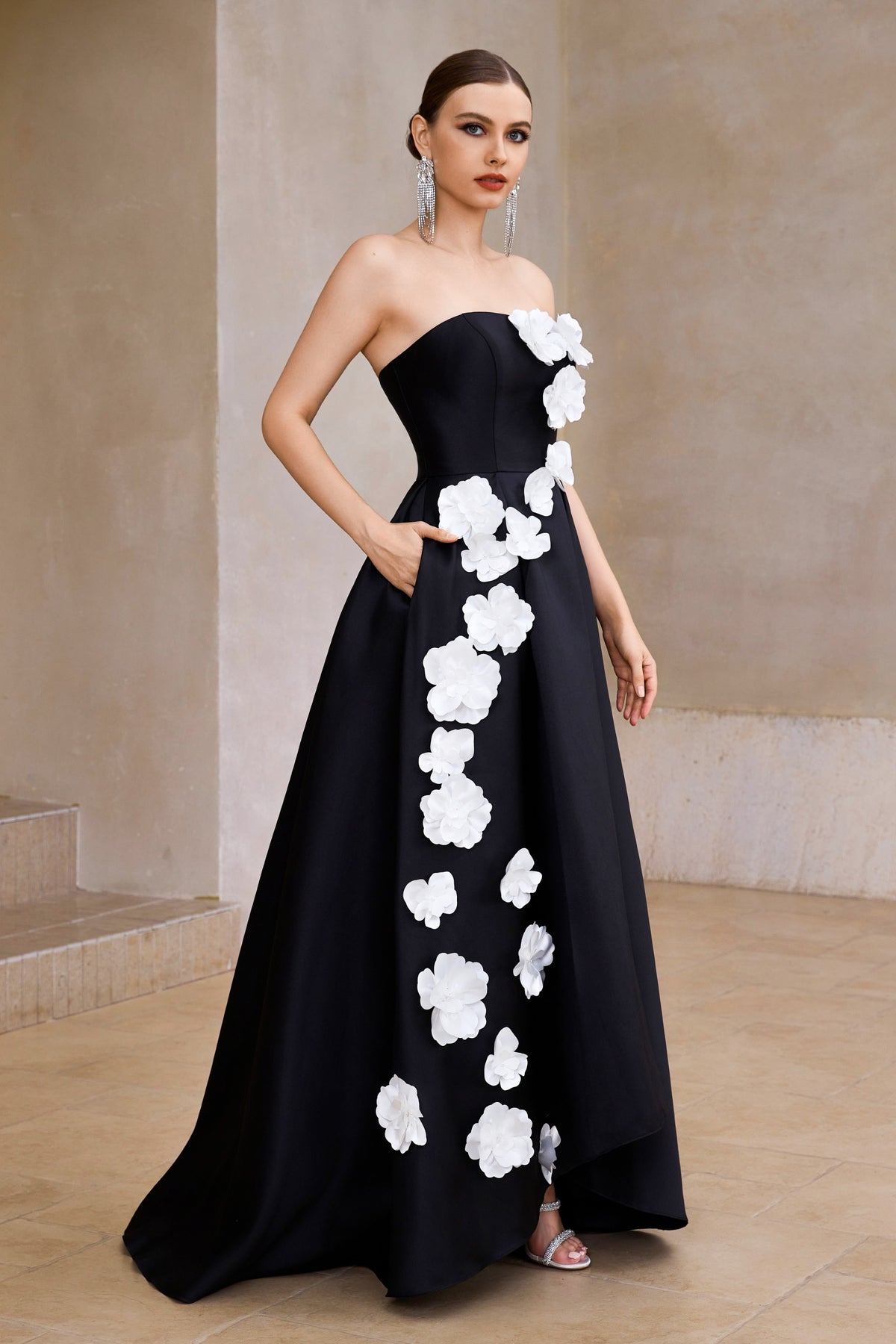 Black/Ivory Strapless 3D Floral A-Line Ball Gown