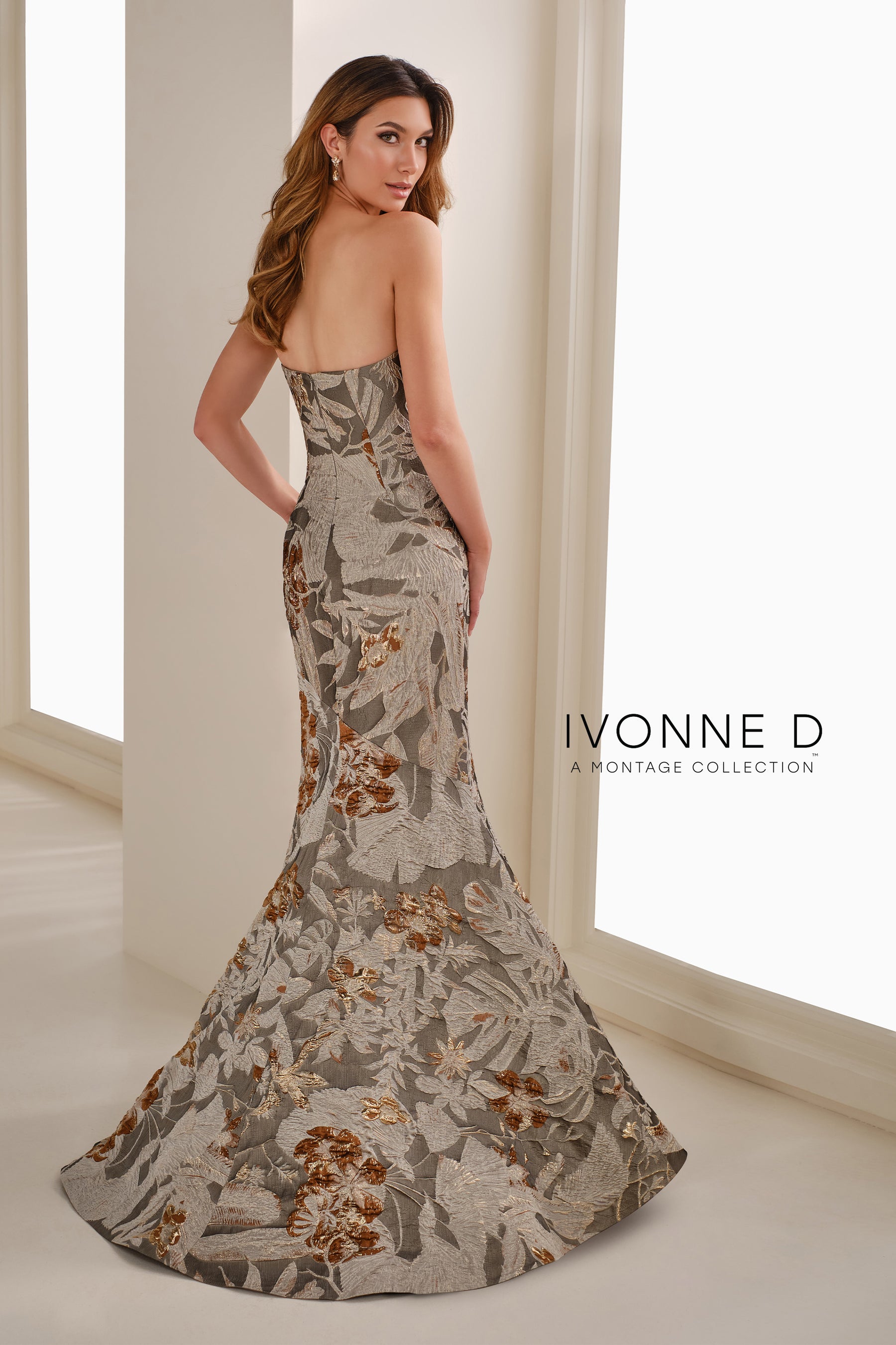 Brocade Trumpet Gown With 3D Flower Detail