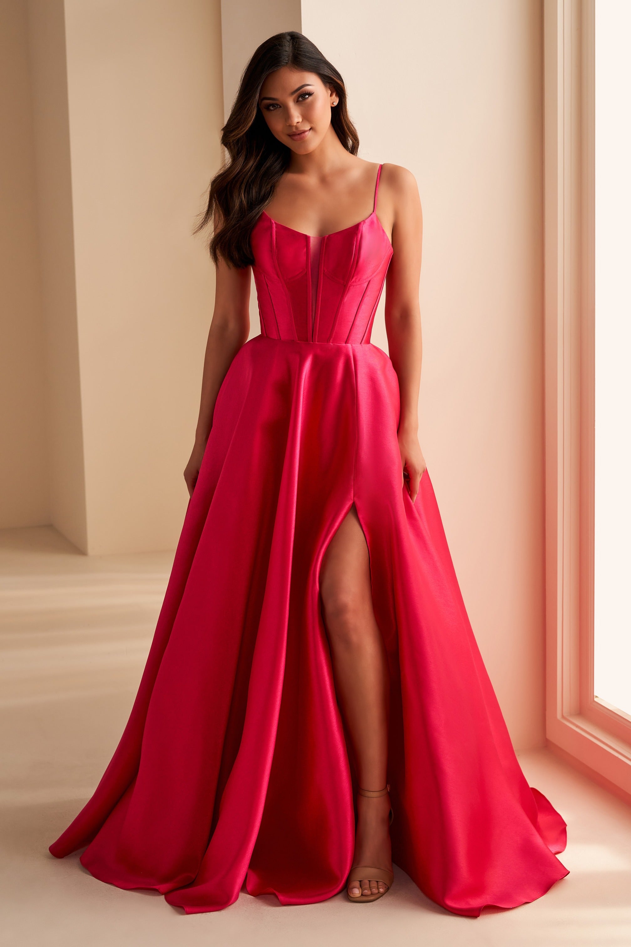 Satin V-Neck Corset Bodice Ruffled Skirt Gown Marigold main image 1