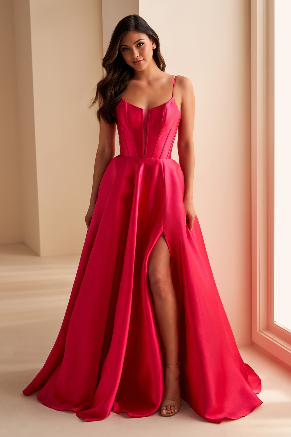 Brushed Satin Deep V-Neck Corset Gown