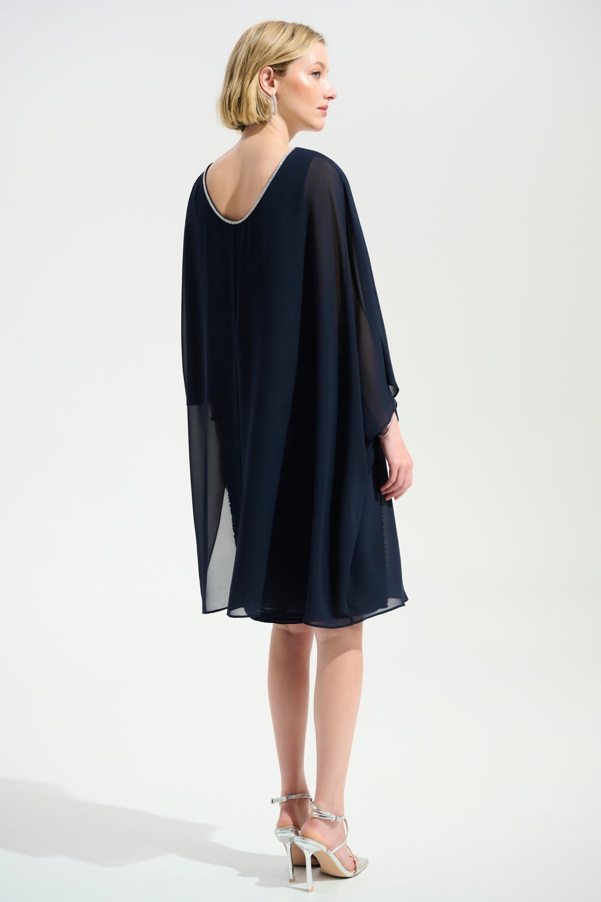Cascade Knit Dress With Jeweled Chiffon Overlay