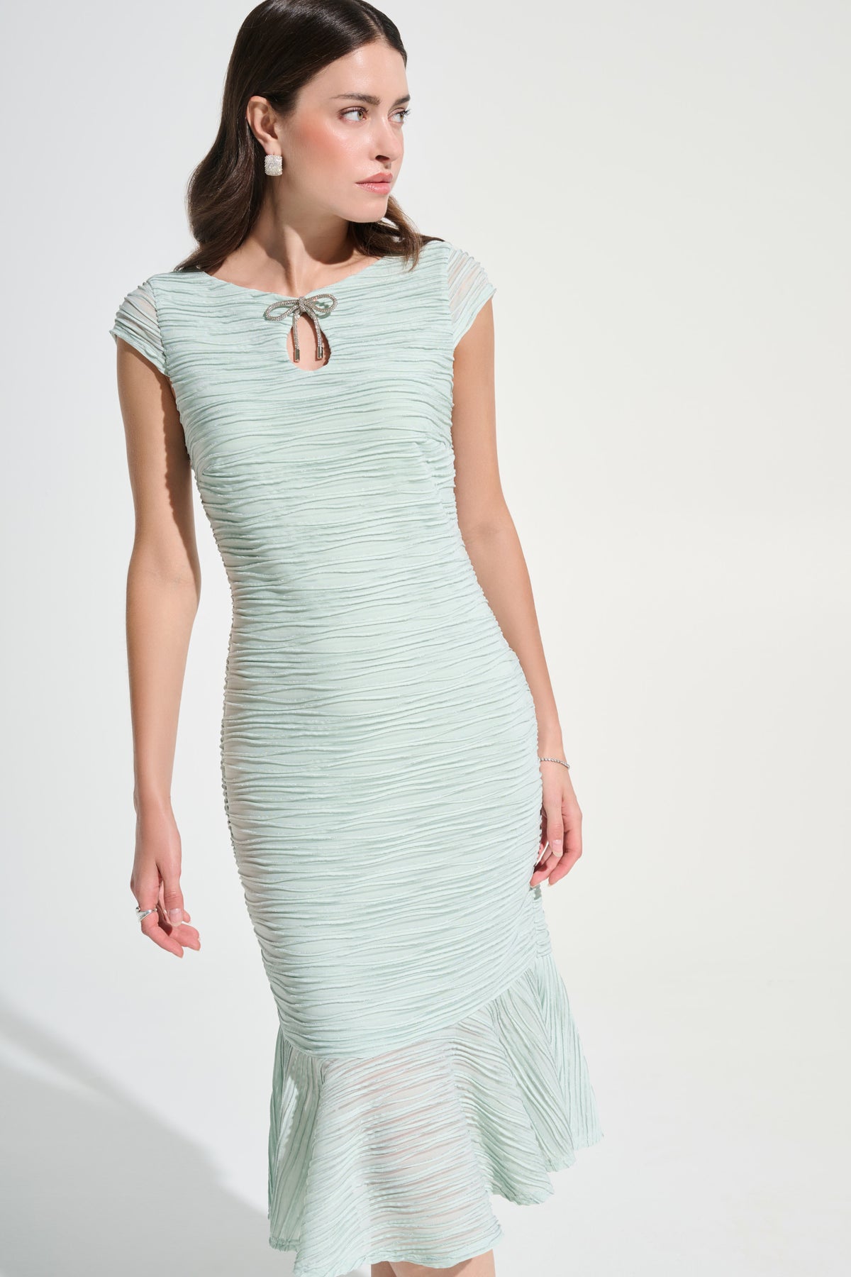 Cascade Knit Flounce Hem Dress With Rhinestone Bow