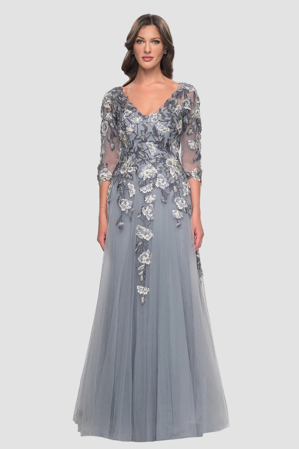 Cascading Floral Applique Gown with Sheer Sleeves