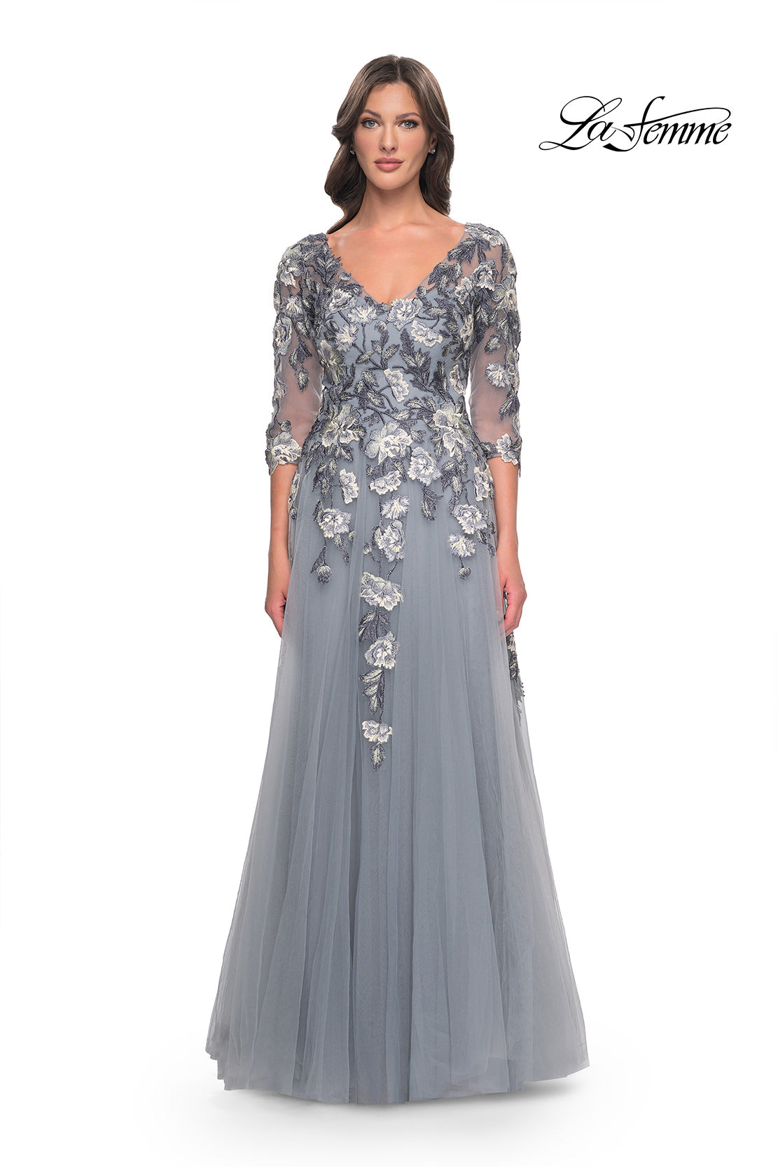 Cascading Floral Applique Gown with Sheer Sleeves