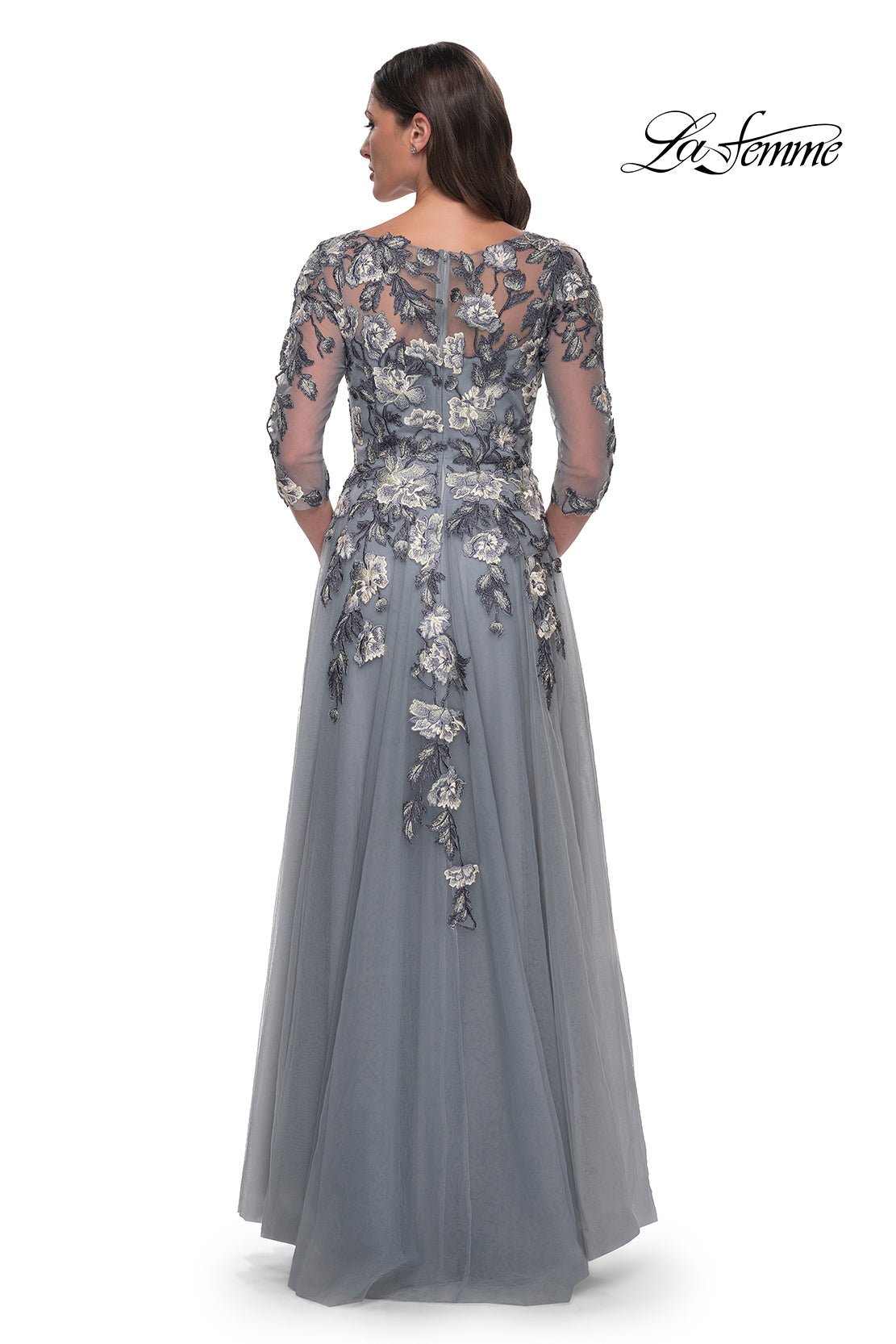 Cascading Floral Applique Gown with Sheer Sleeves