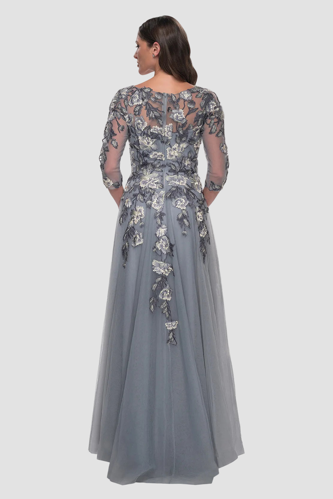 Cascading Floral Applique Gown with Sheer Sleeves