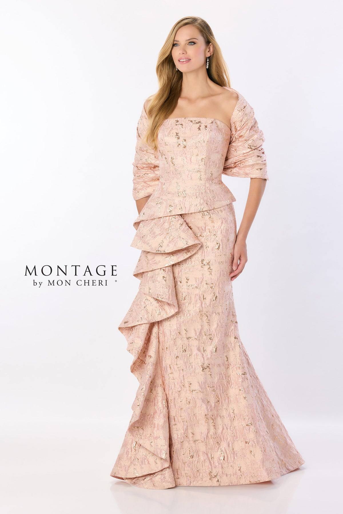 Cascading Ruffle Brocade Gown