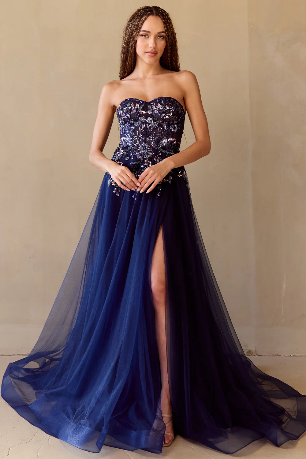 Cascading Sequin Strapless Tulle Gown