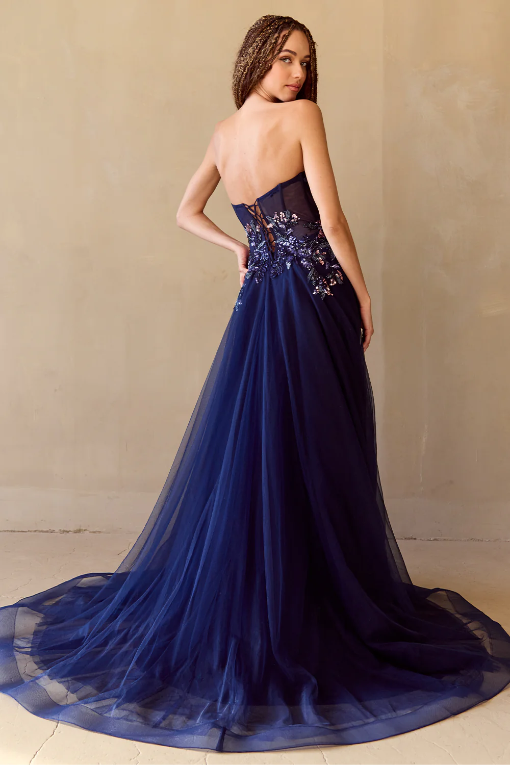 Cascading Sequin Strapless Tulle Gown
