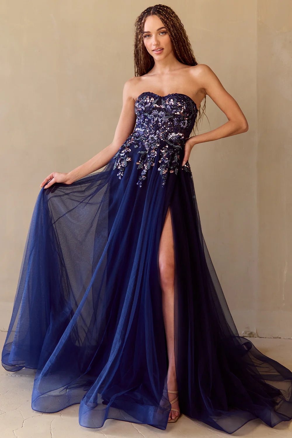Cascading Sequin Strapless Tulle Gown