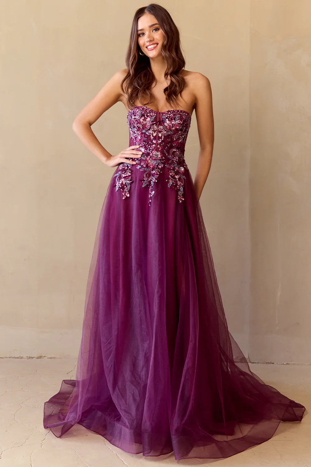 Cascading Sequin Strapless Tulle Gown