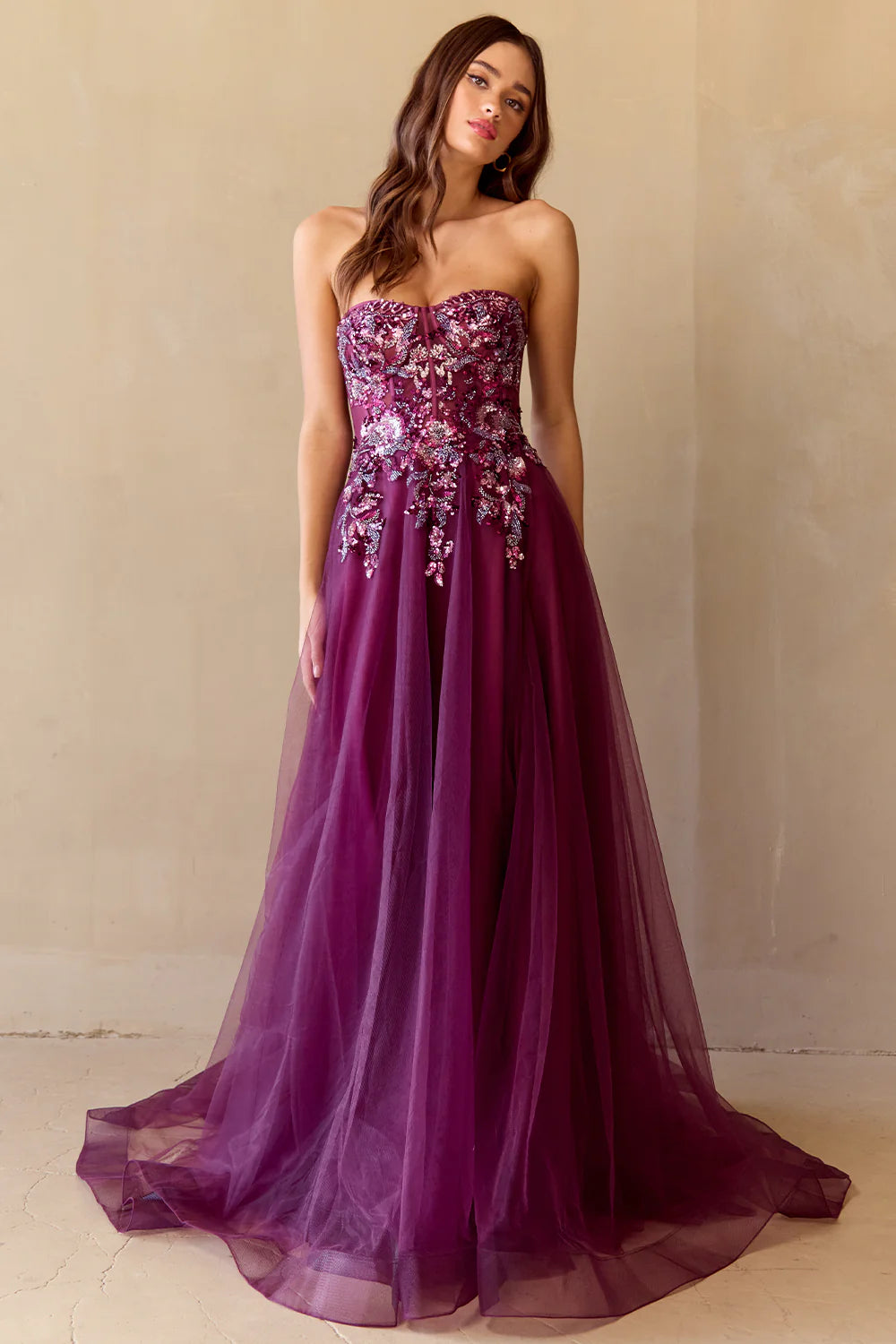 Cascading Sequin Strapless Tulle Gown