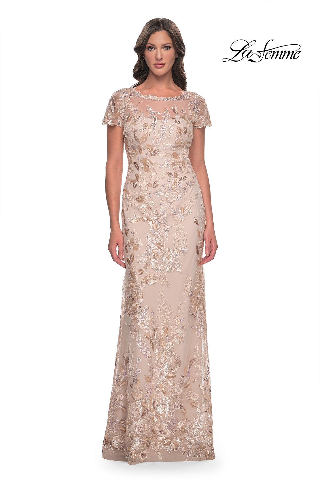 Chic Beaded Short Sleeve Gown with Illusion Neckline