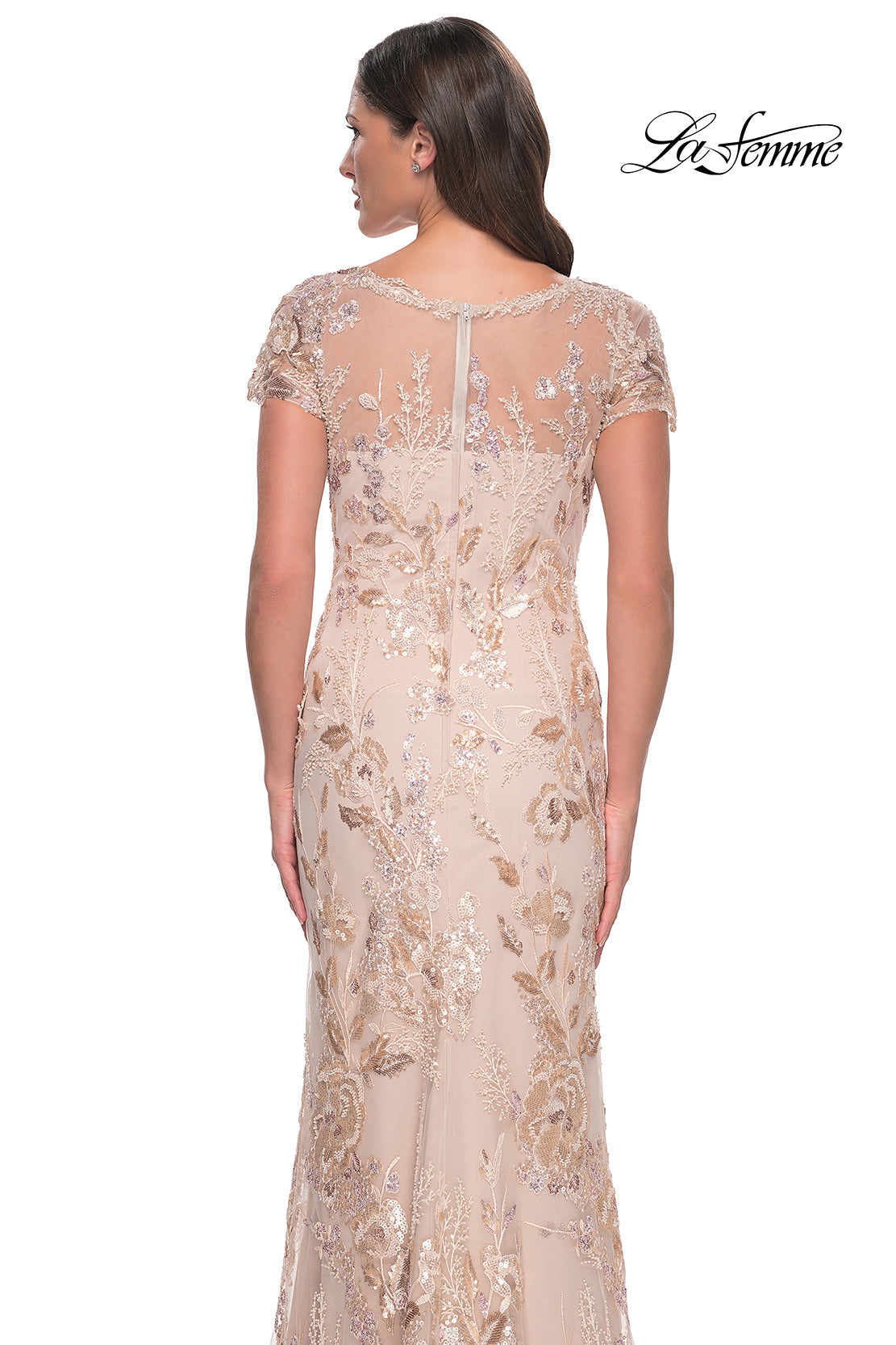 Chic Beaded Short Sleeve Gown with Illusion Neckline