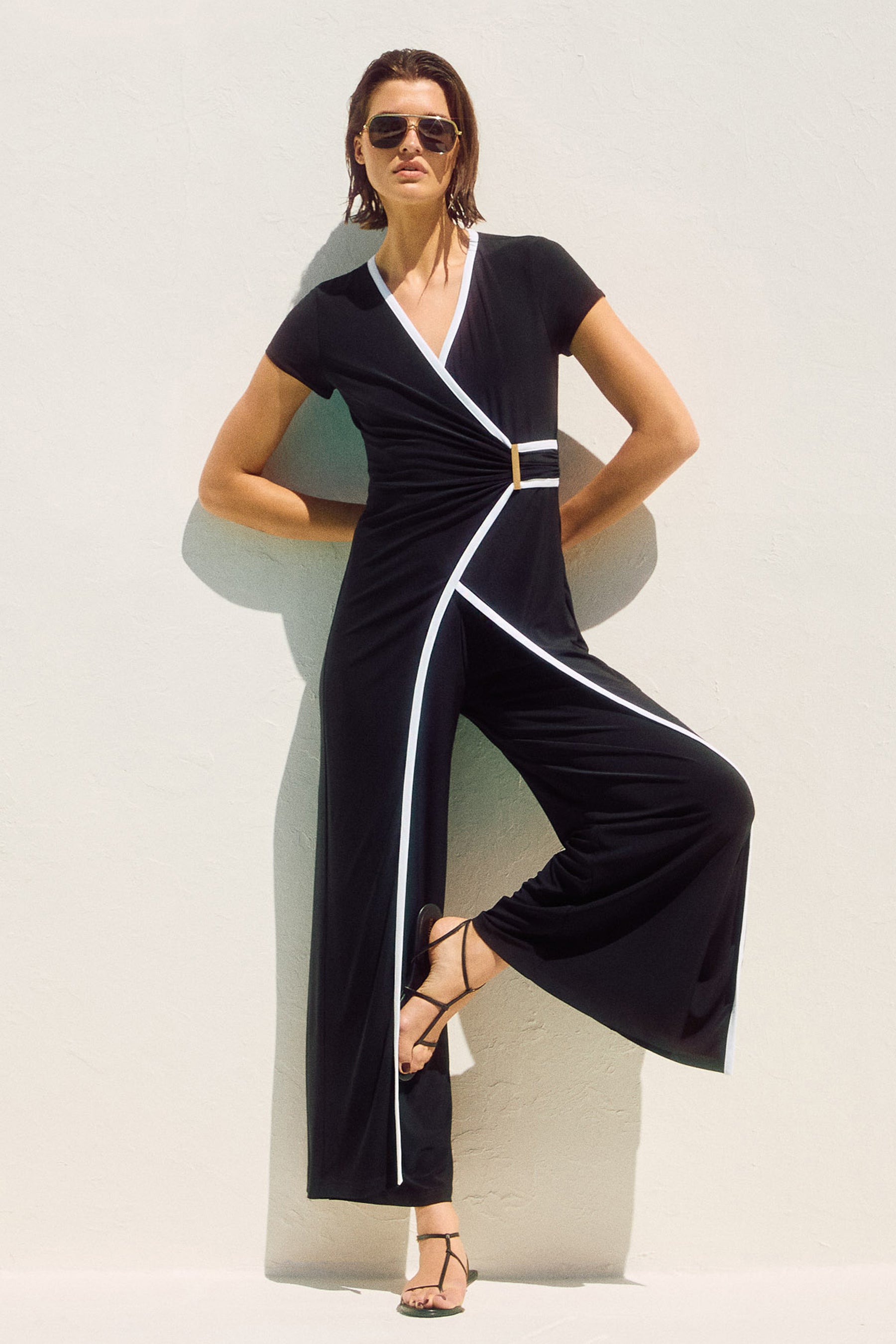 Chic Contrast Piping Cap Sleeve Coulotte Jumpsuit