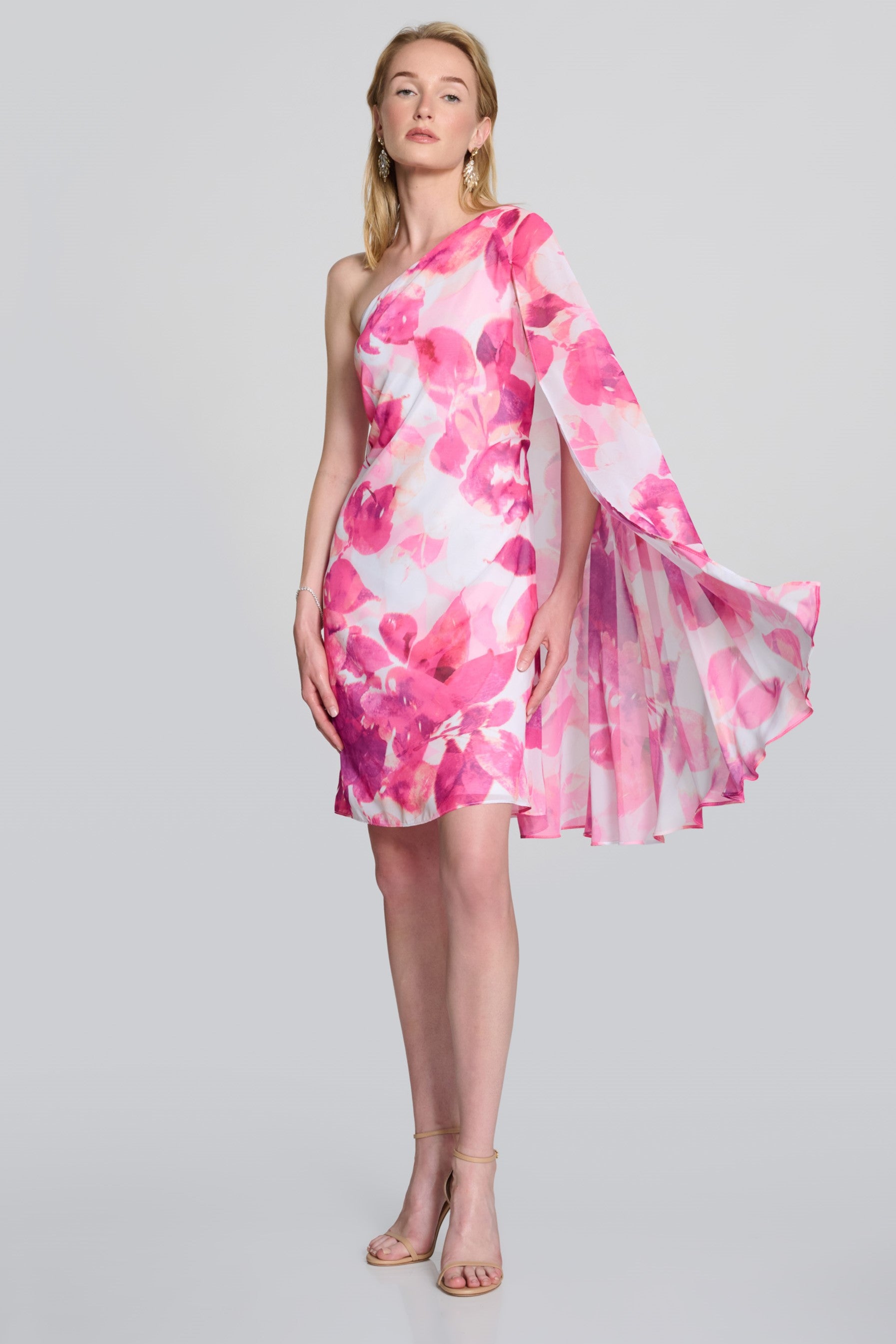 Chiffon One Shoulder Floral Cape Dress