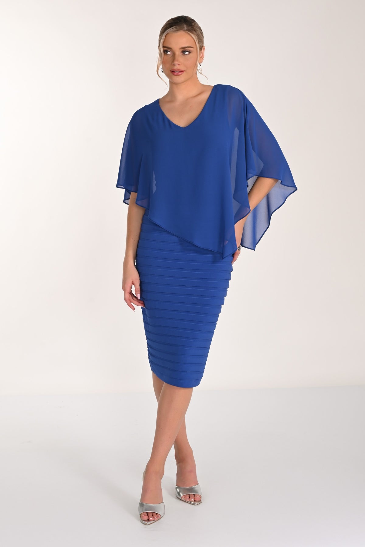 Chiffon Overlay V-Neck Wide Pleat Dress