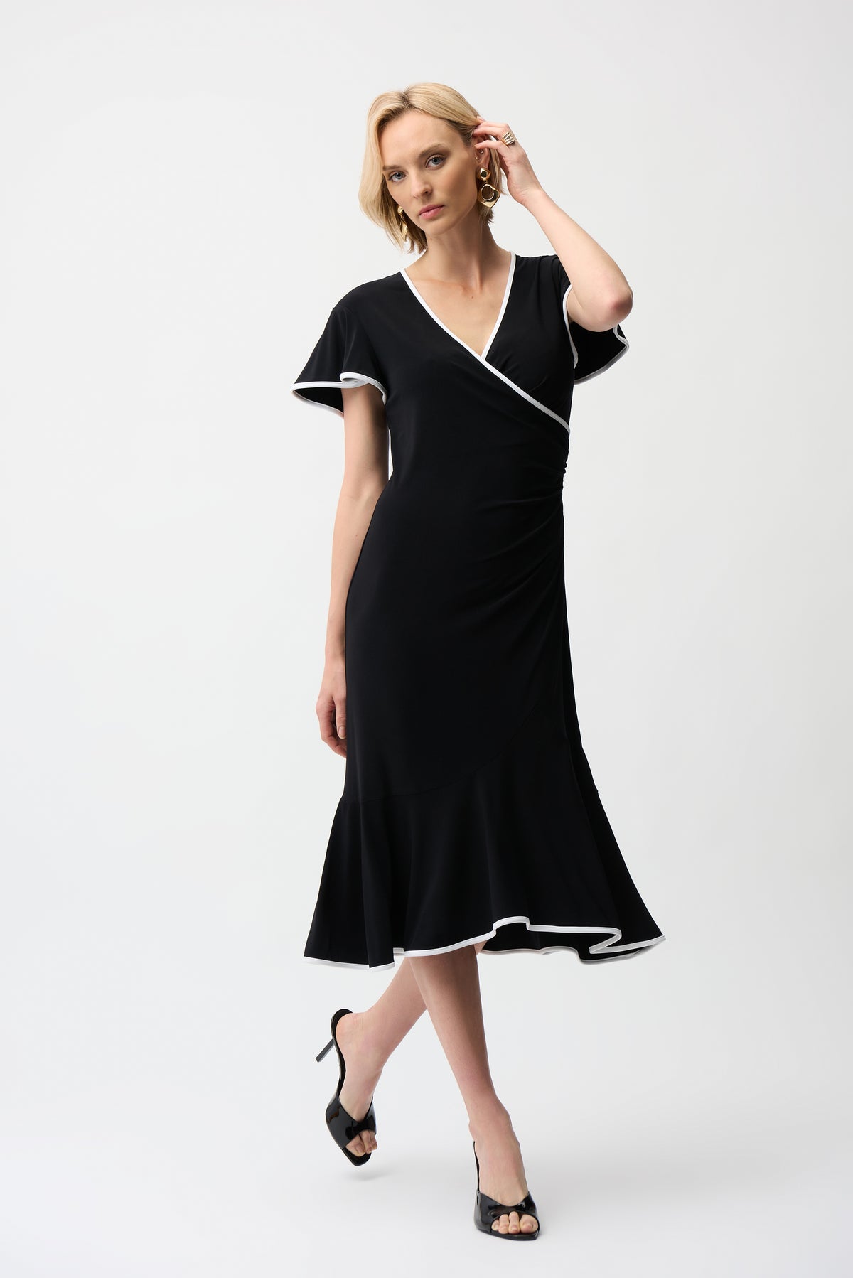 Contrast Trim Flutter Sleeve Wrap Dress