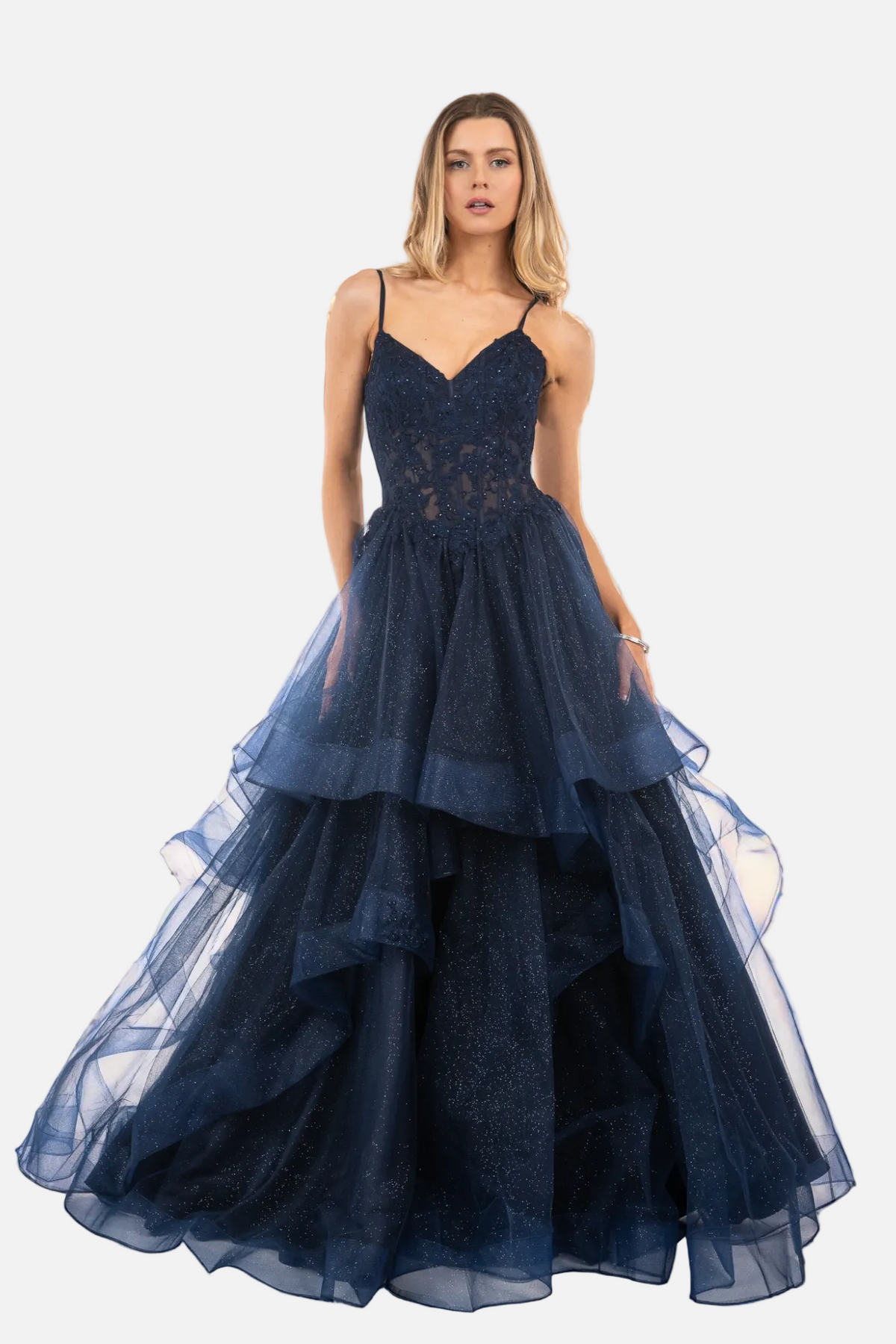 Corset Back Bead & Embroidered Layered Glitter Tulle Ballgown