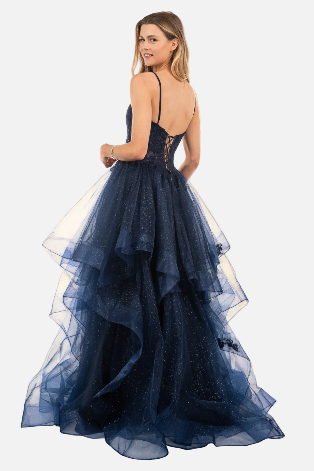 Corset Back Bead & Embroidered Layered Glitter Tulle Ballgown